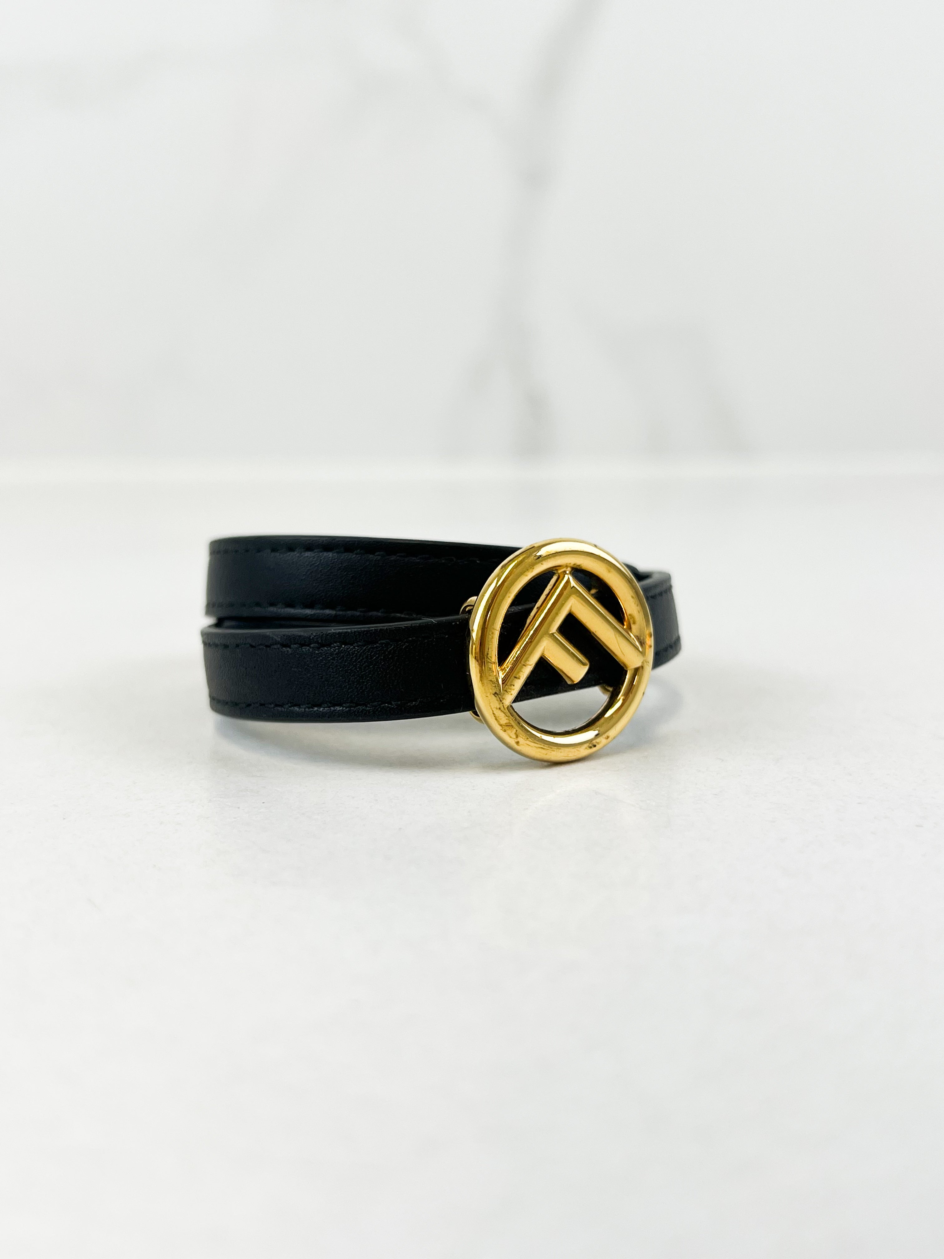 Fendi F Logo Leather Wrap-around Bracelet in Black with GHW