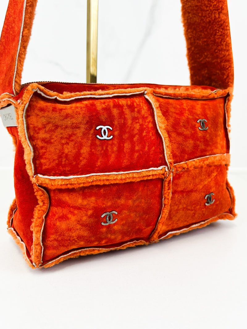 Chanel Vintage Orange Sheepskin Suede Logos Shoulder Bag