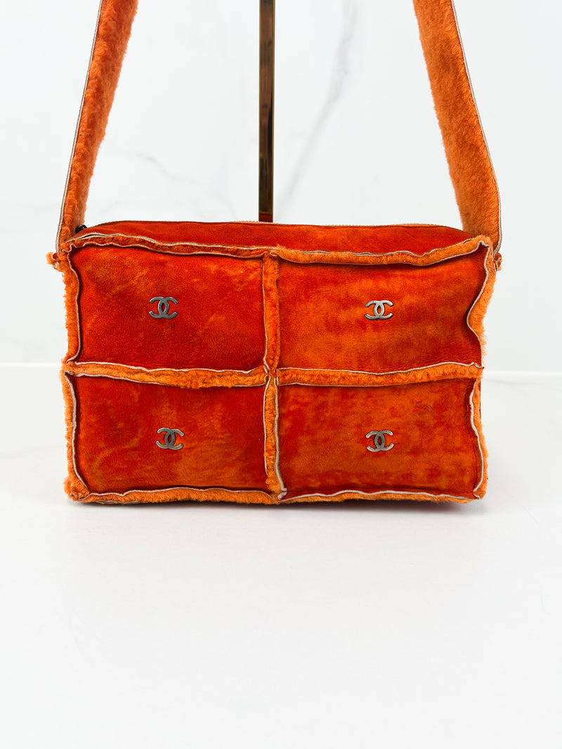 Chanel Vintage Orange Sheepskin Suede Logos Shoulder Bag