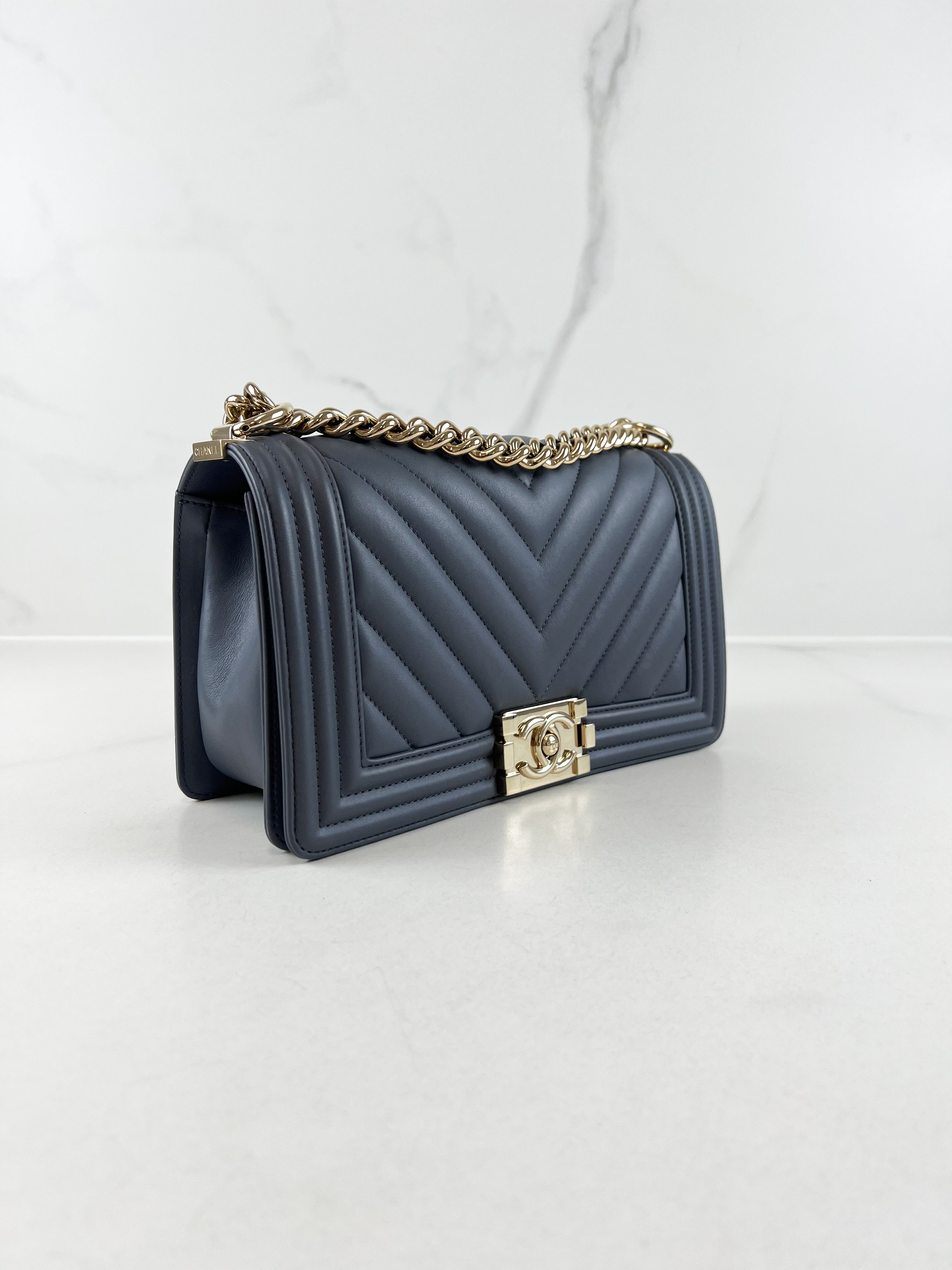 Chanel Charcoal Grey Old Medium Chevron Lambskin Boy Bag with Light Champagne GHW