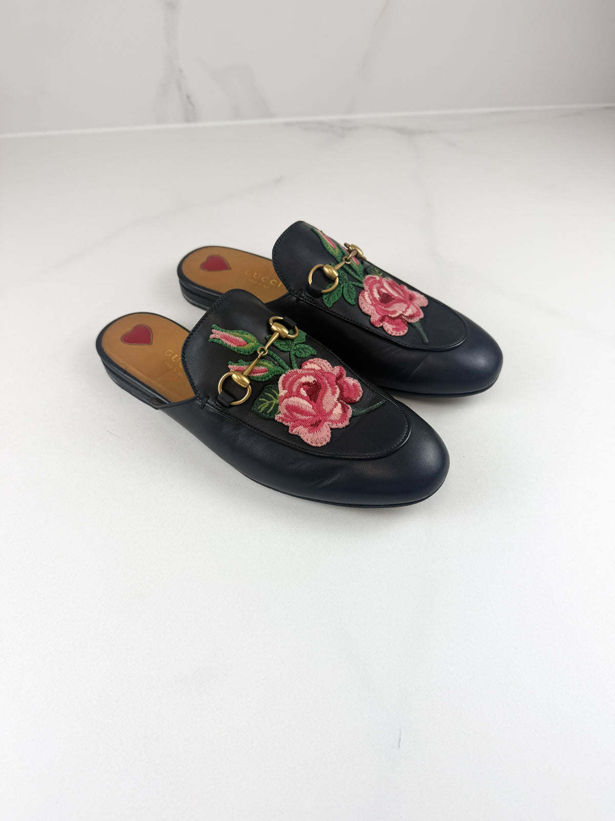 Gucci Princetown Rose Embroidered Leather Mule Size 38