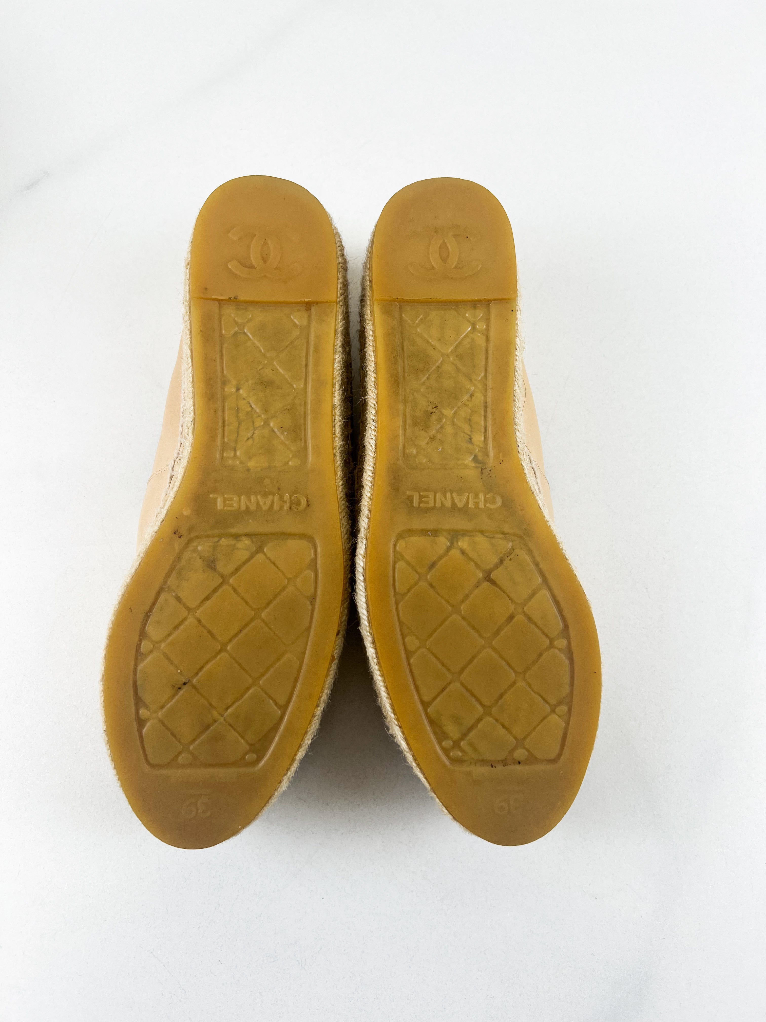Chanel CC Logo Black & Beige Leather Espadrilles Size 39