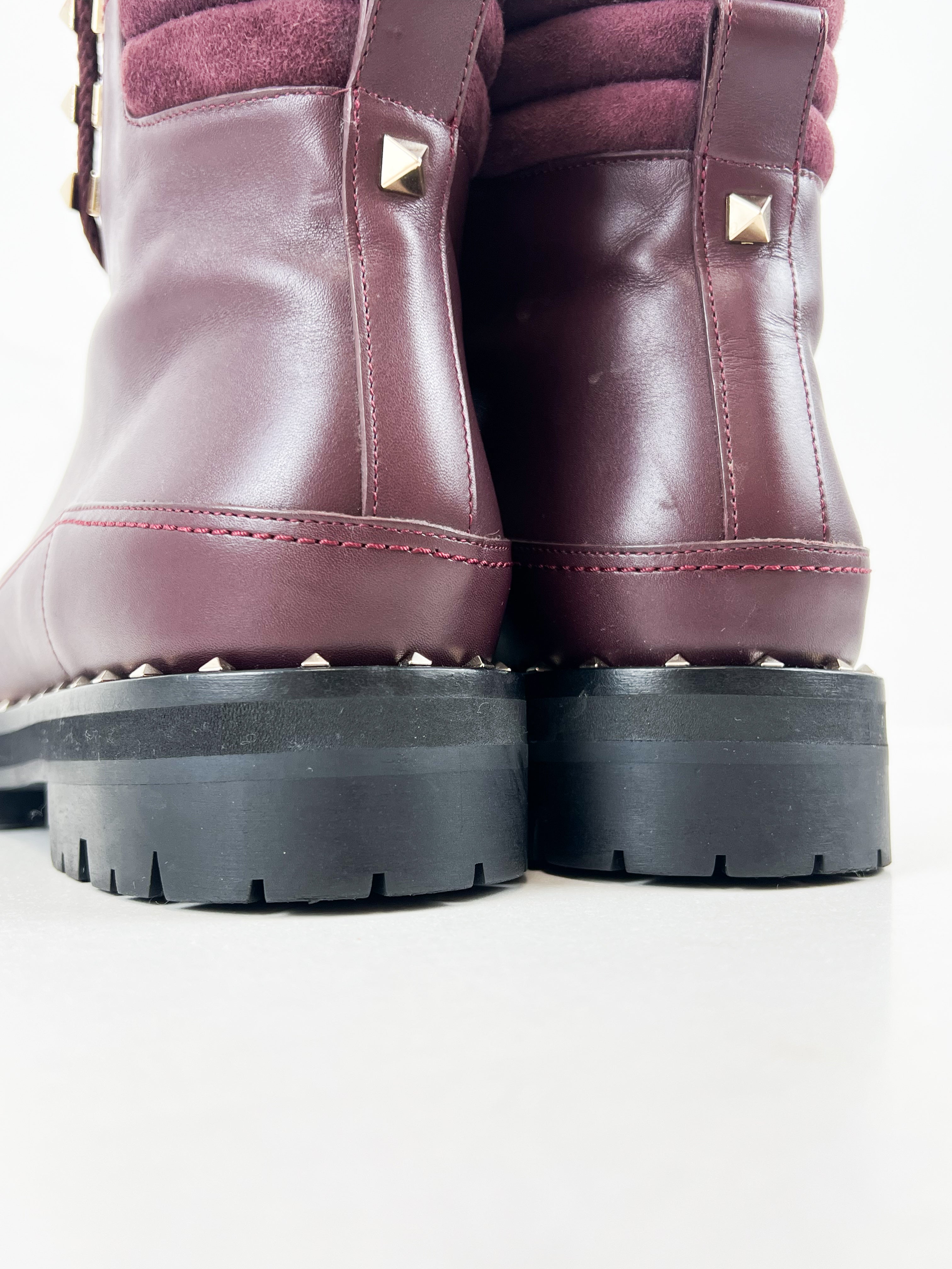 Valentino Garavani Rockstud Leather Combat Boots in Burgundy Size 36
