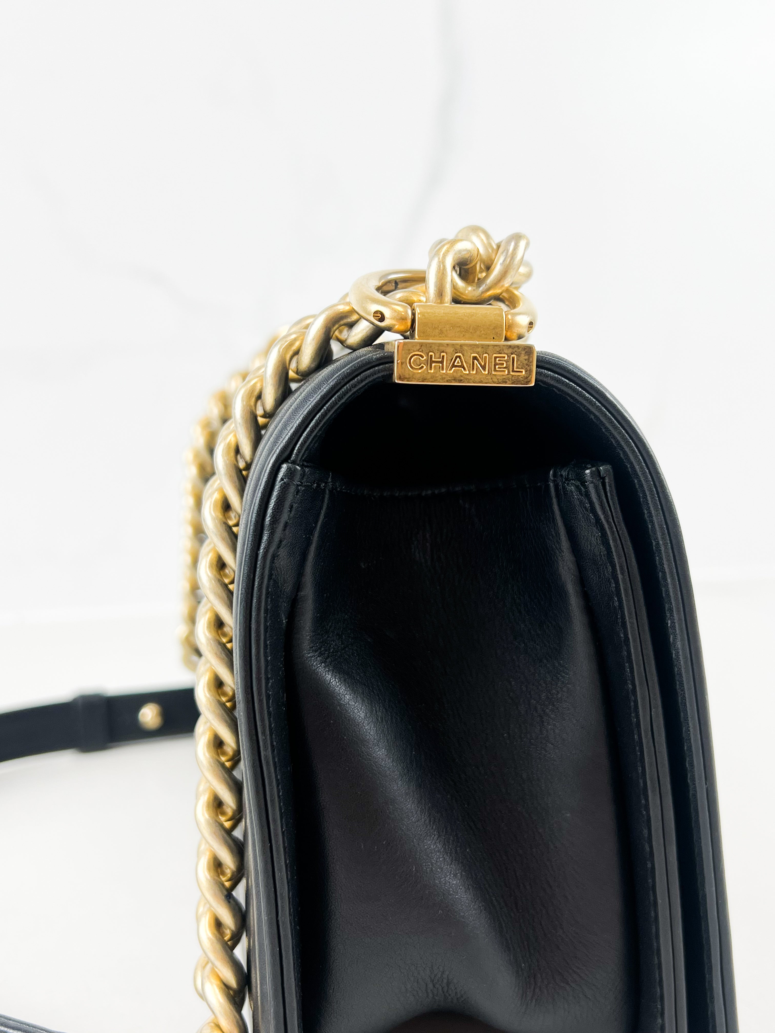 Chanel Old Medium Boy Bag in Black Chevron Calfskin with Vintage GHW
