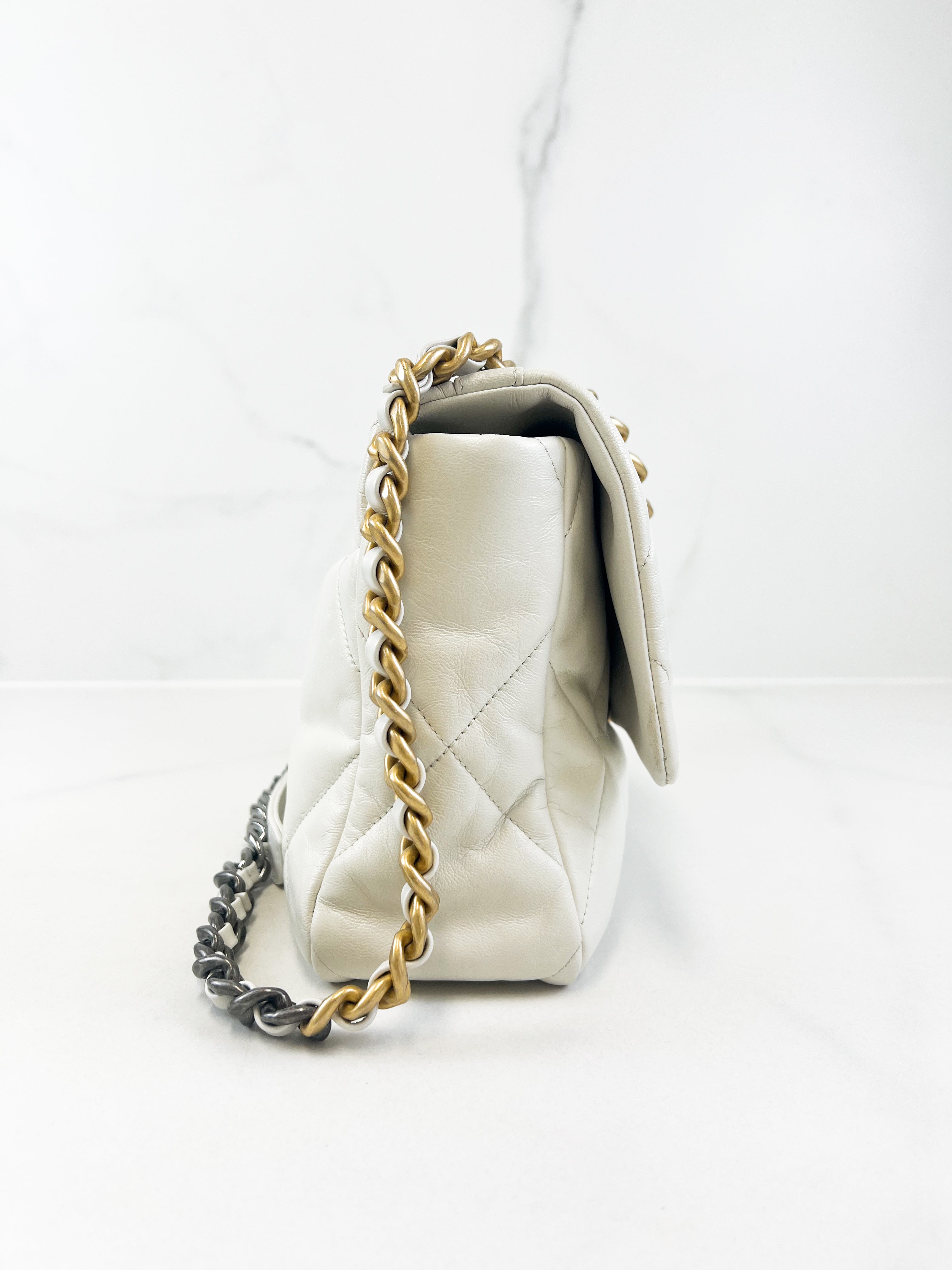 Chanel White Large Lambskin 19 with Gold & Silver Tone Hardware