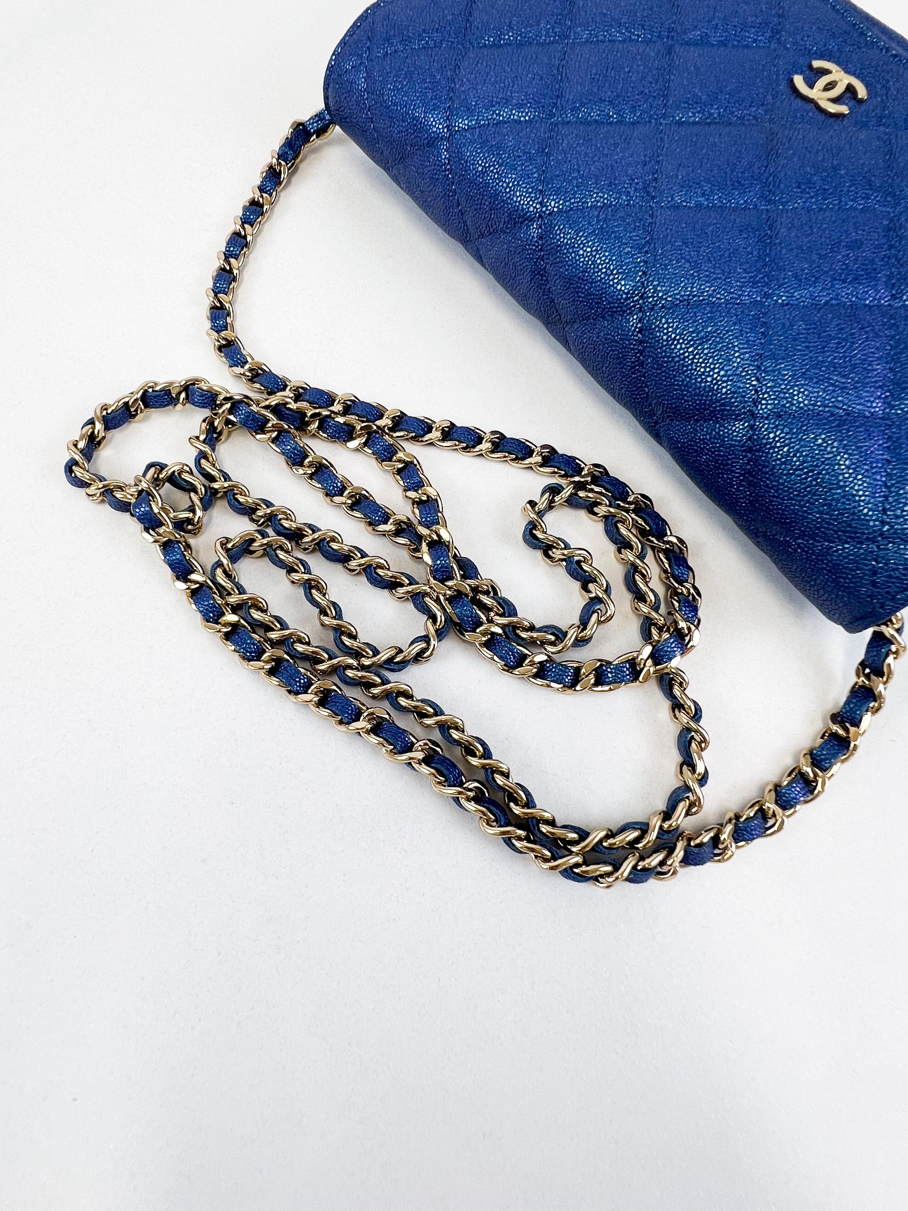 Chanel Metallic Blue Caviar Wallet on Chain with GHW