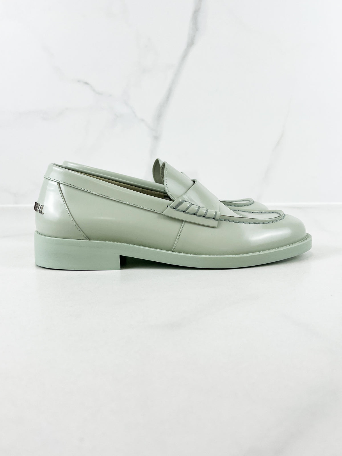 Chanel Patent Calf Skin Pale Green Logo Loafer Size 37.5C