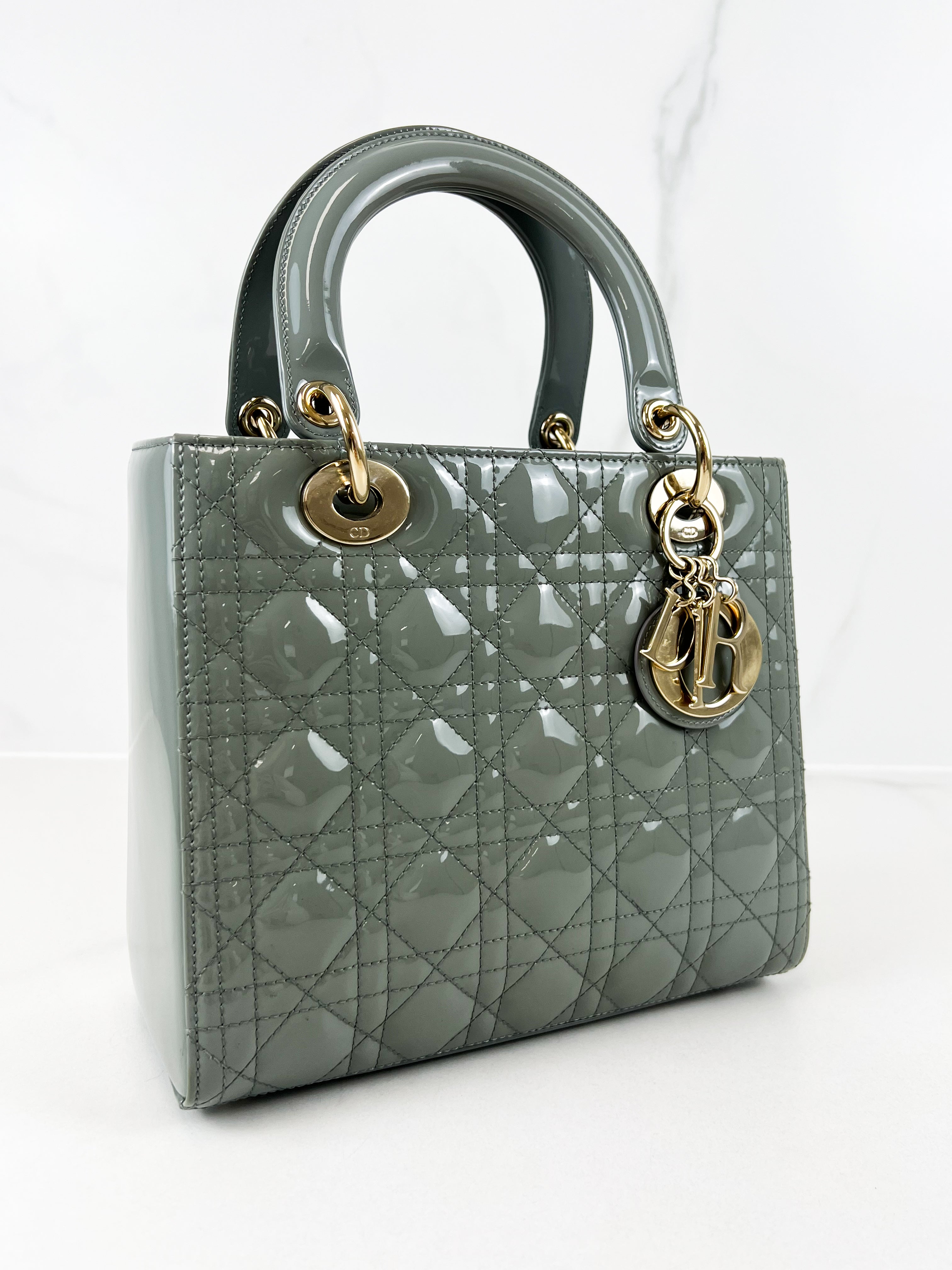 Christian Dior Medium Lady Dior In Grey Patent with GHW