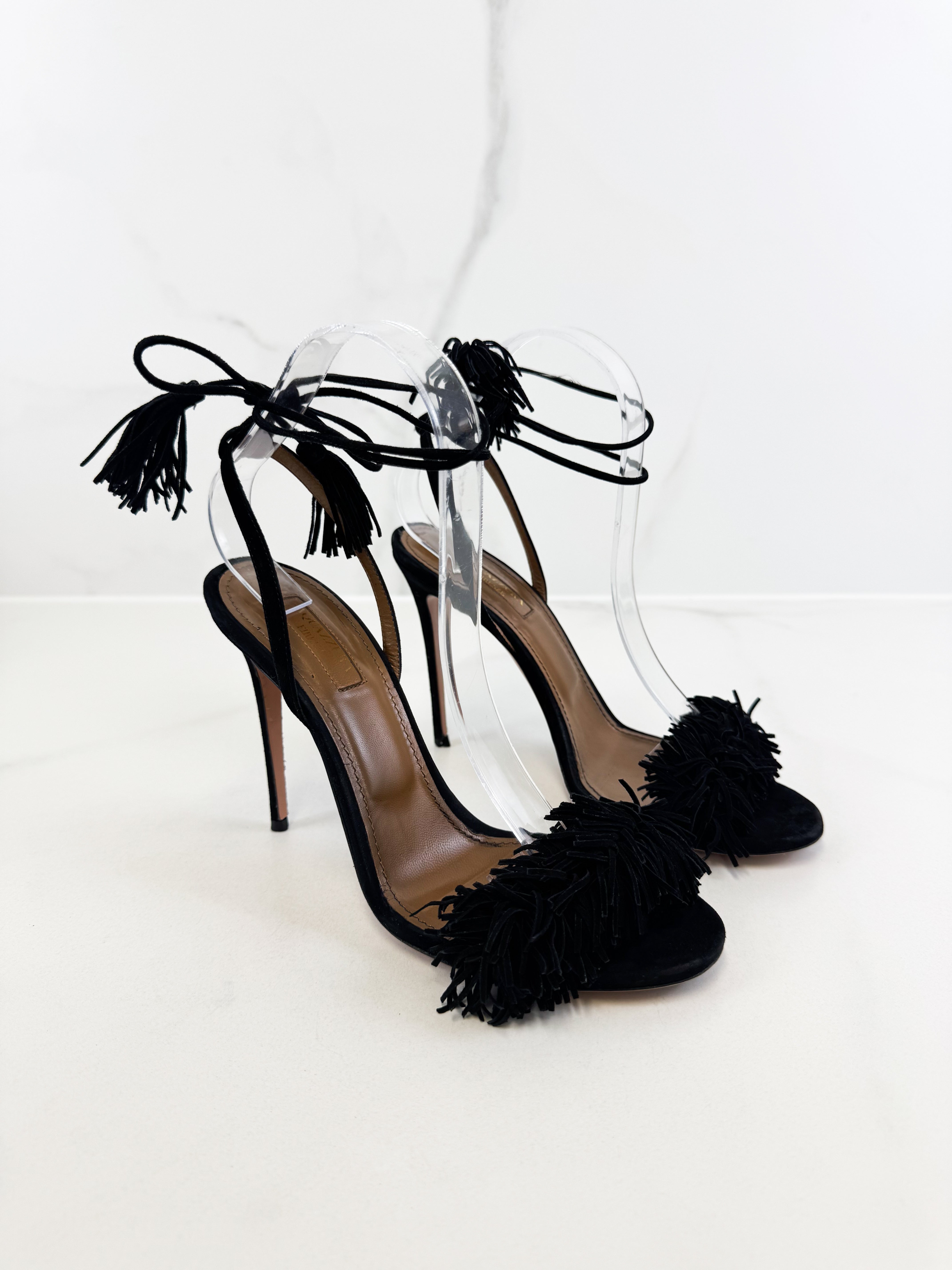 Aquazzura Black Suede Wild Thing Ankle Wrap Sandals Size 38.5