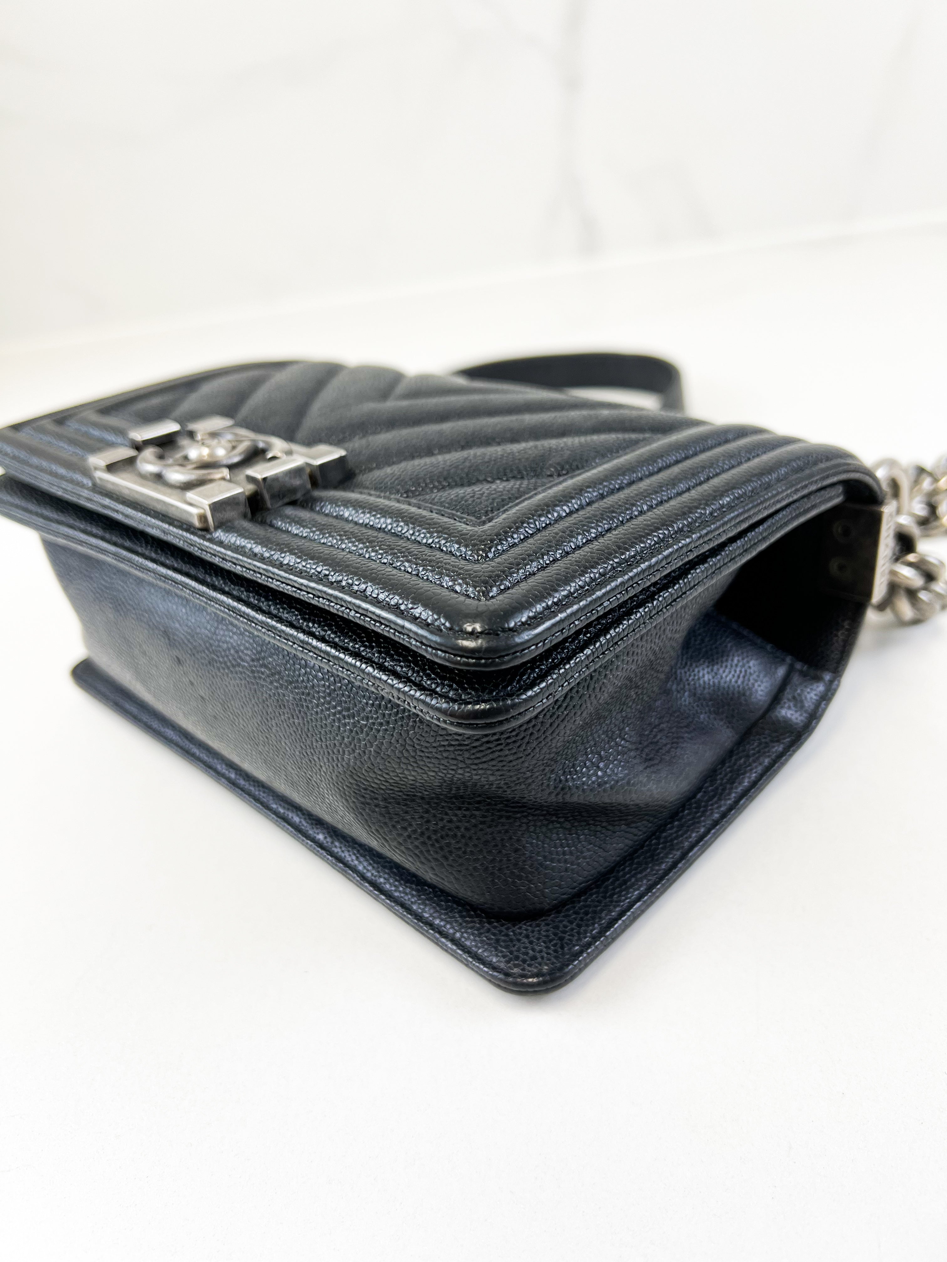 Chanel Caviar Small Chevron Boy Bag with Ruthenium Hardware