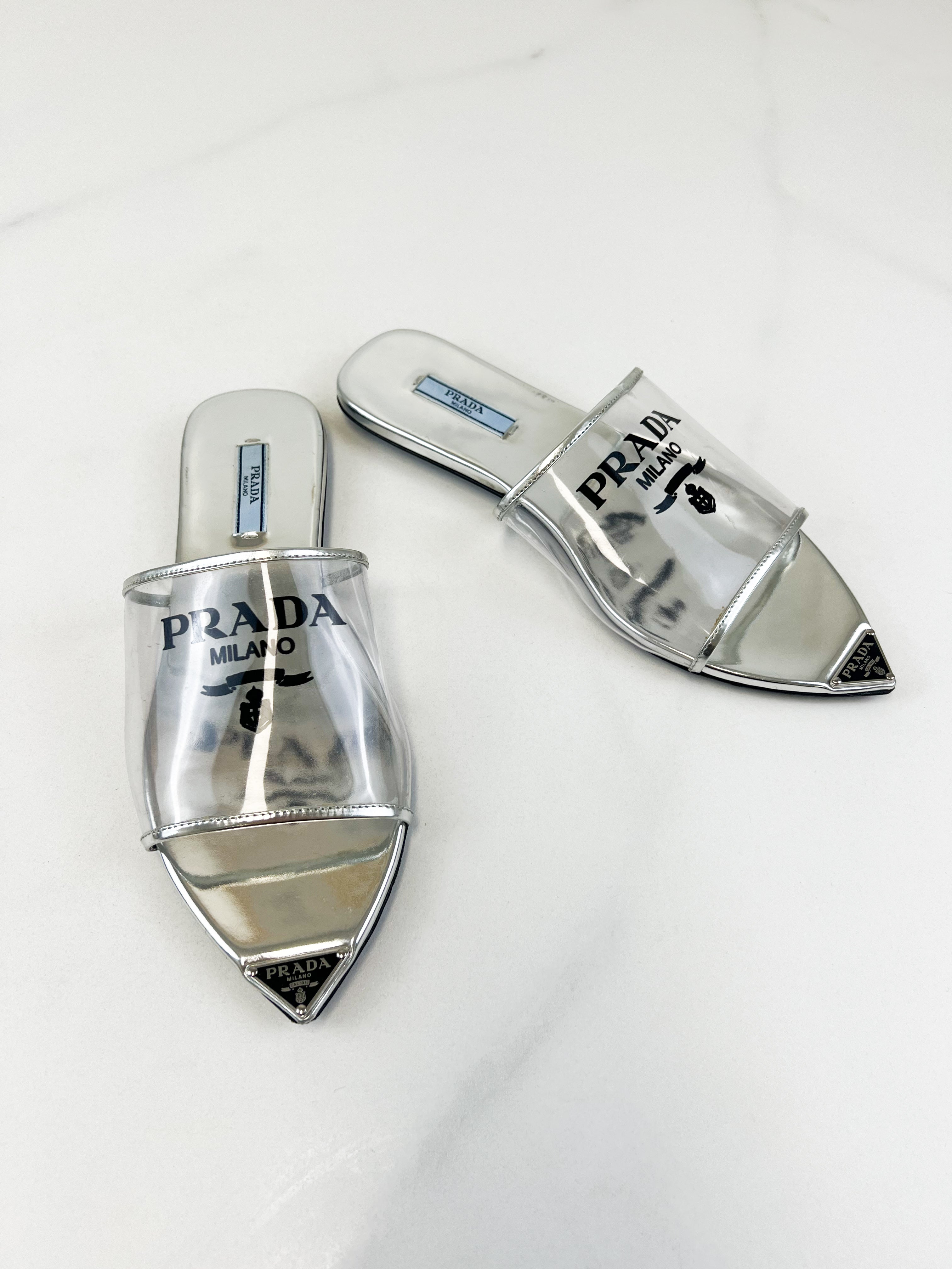 Prada Leather Silver PVC Slides Size 38
