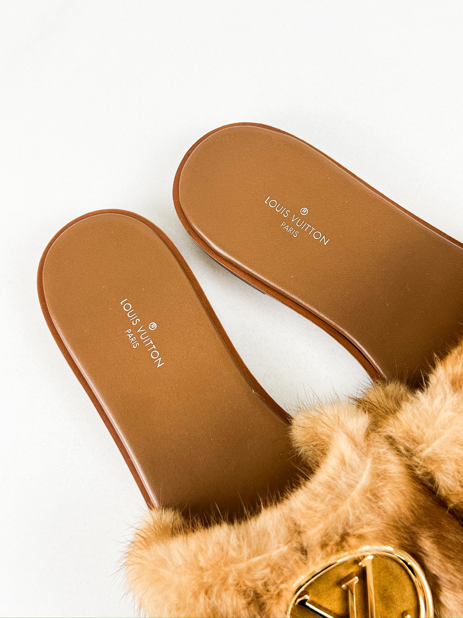 Louis Vuitton Lock It Brown Shearling Flat Slide Size 37