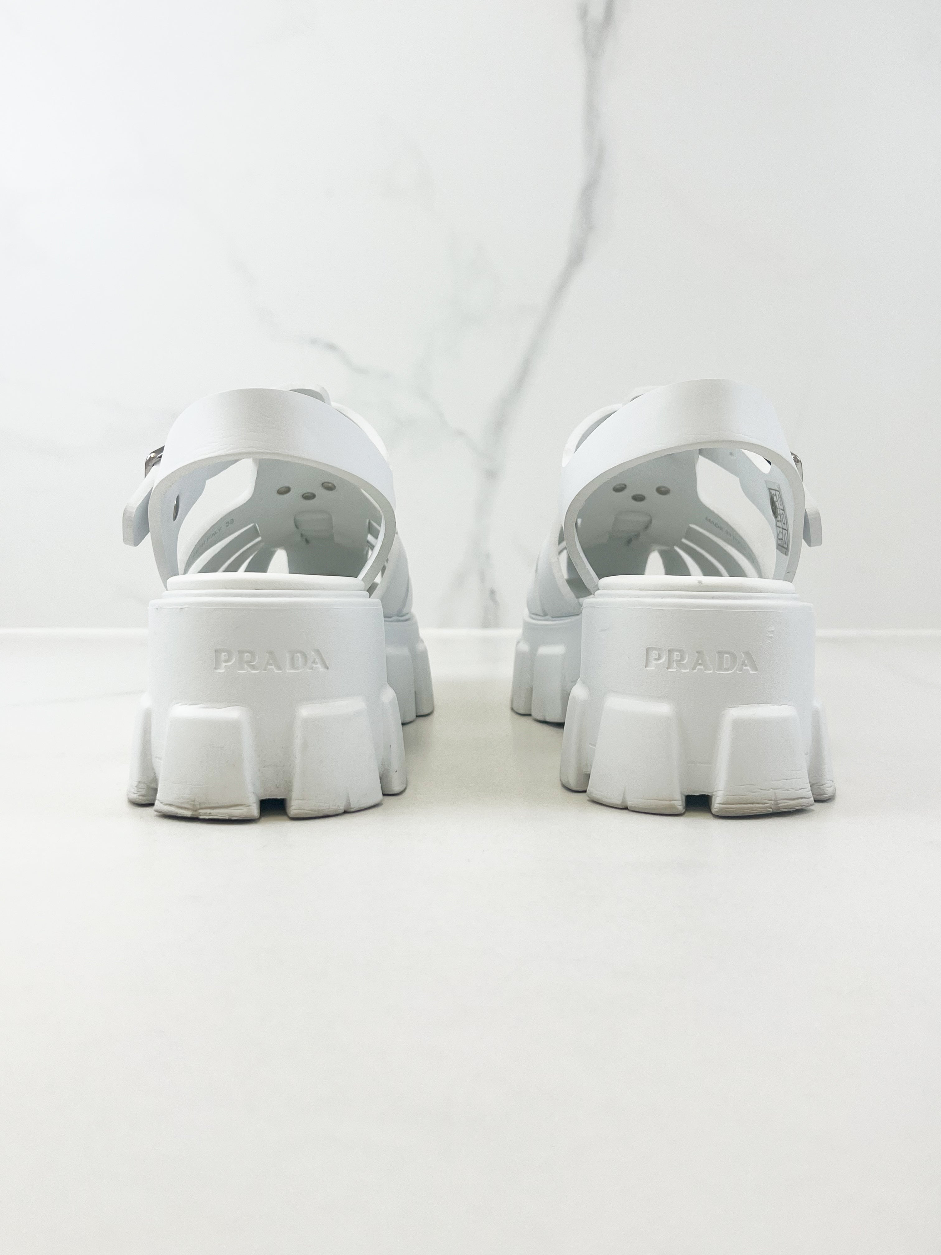 Prada White Logo Rubber Monolith Sandals in Size 38