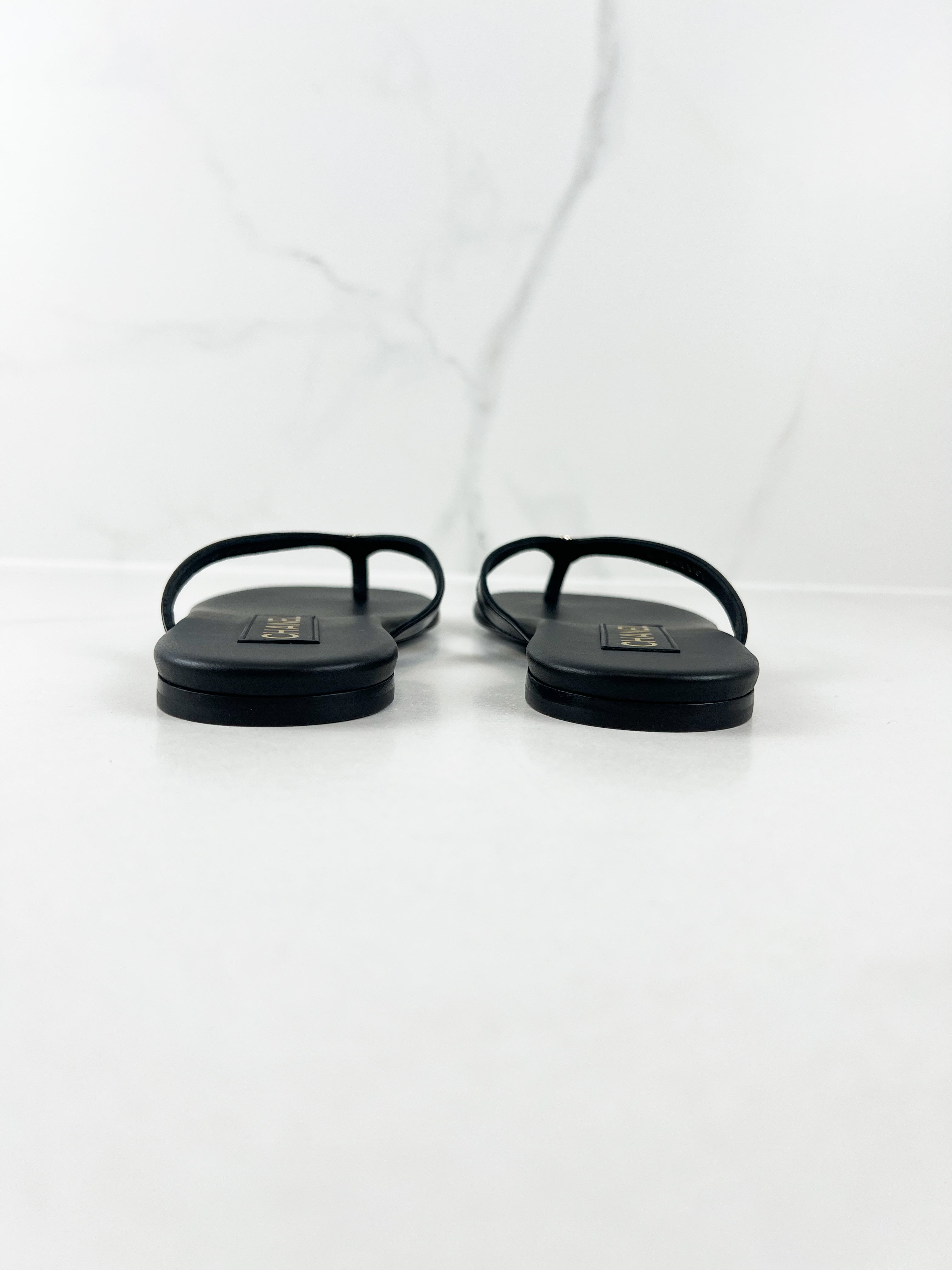 Chanel Shiny Lambskin Crystal CC Thong Sandal Size 36C