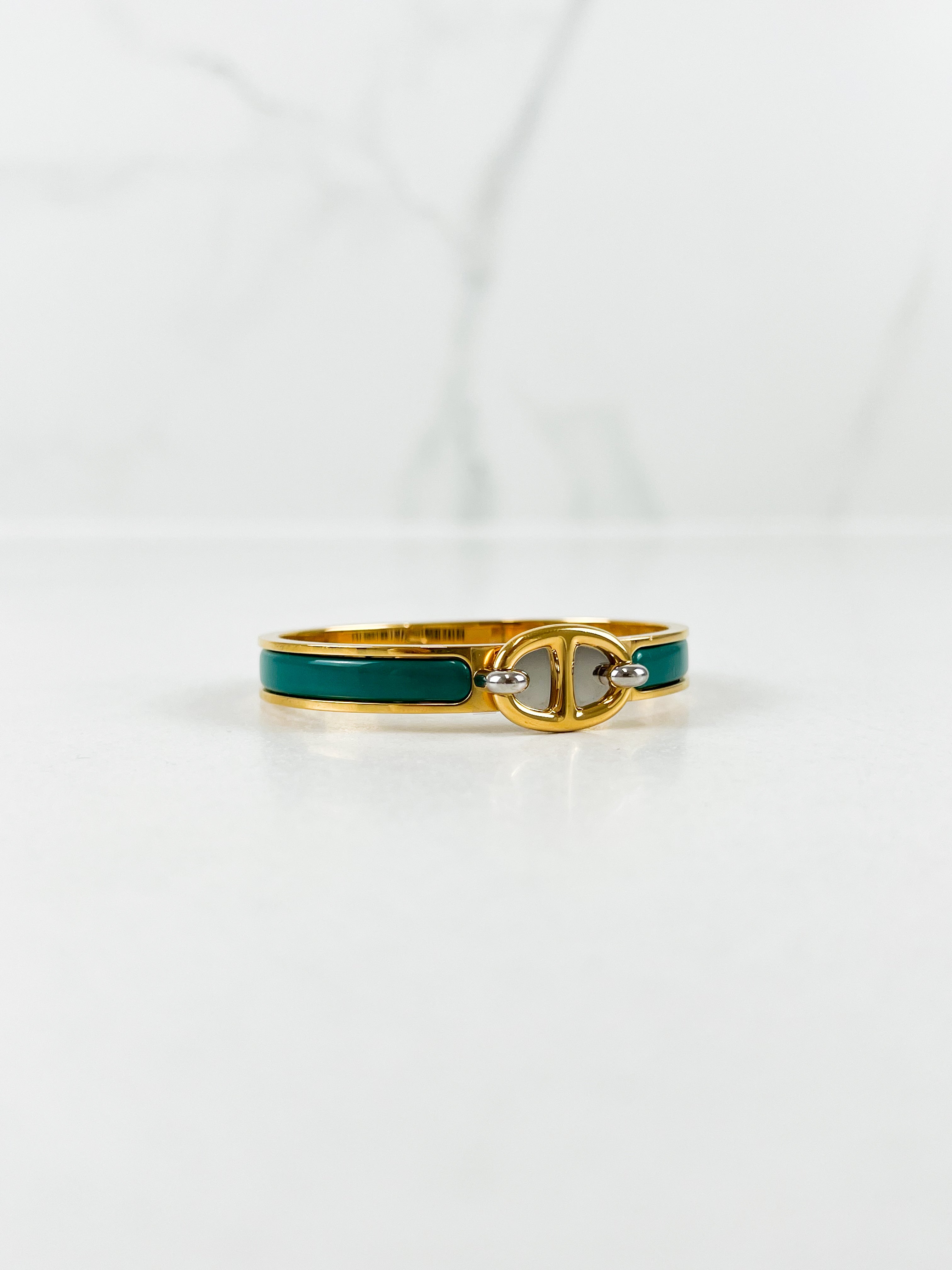 Hermès Mini Clic Chaîne d'Ancre Enamel Bracelet in Gold / Vert Bleuet