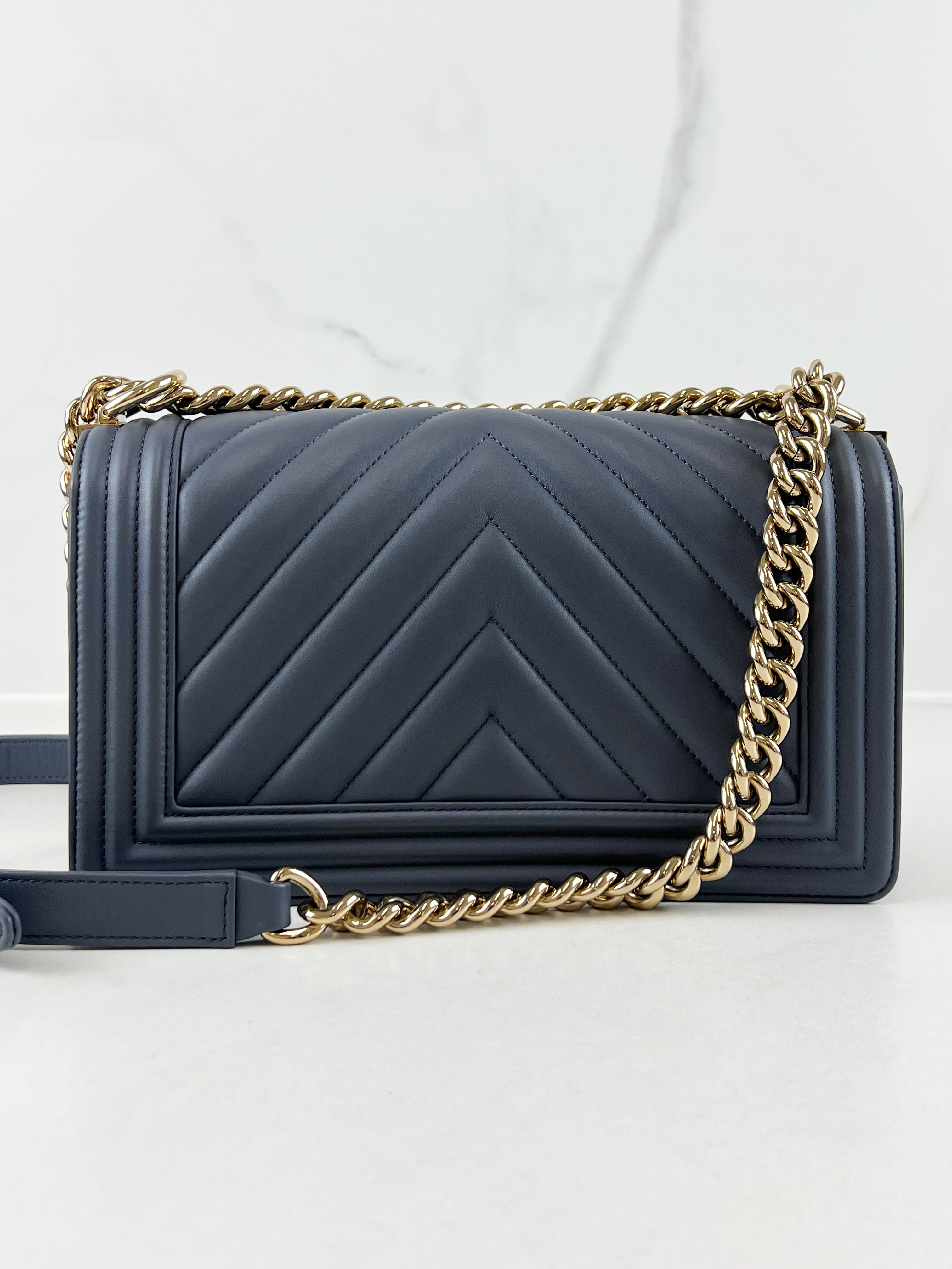 Chanel Charcoal Grey Old Medium Chevron Lambskin Boy Bag with Light Champagne GHW