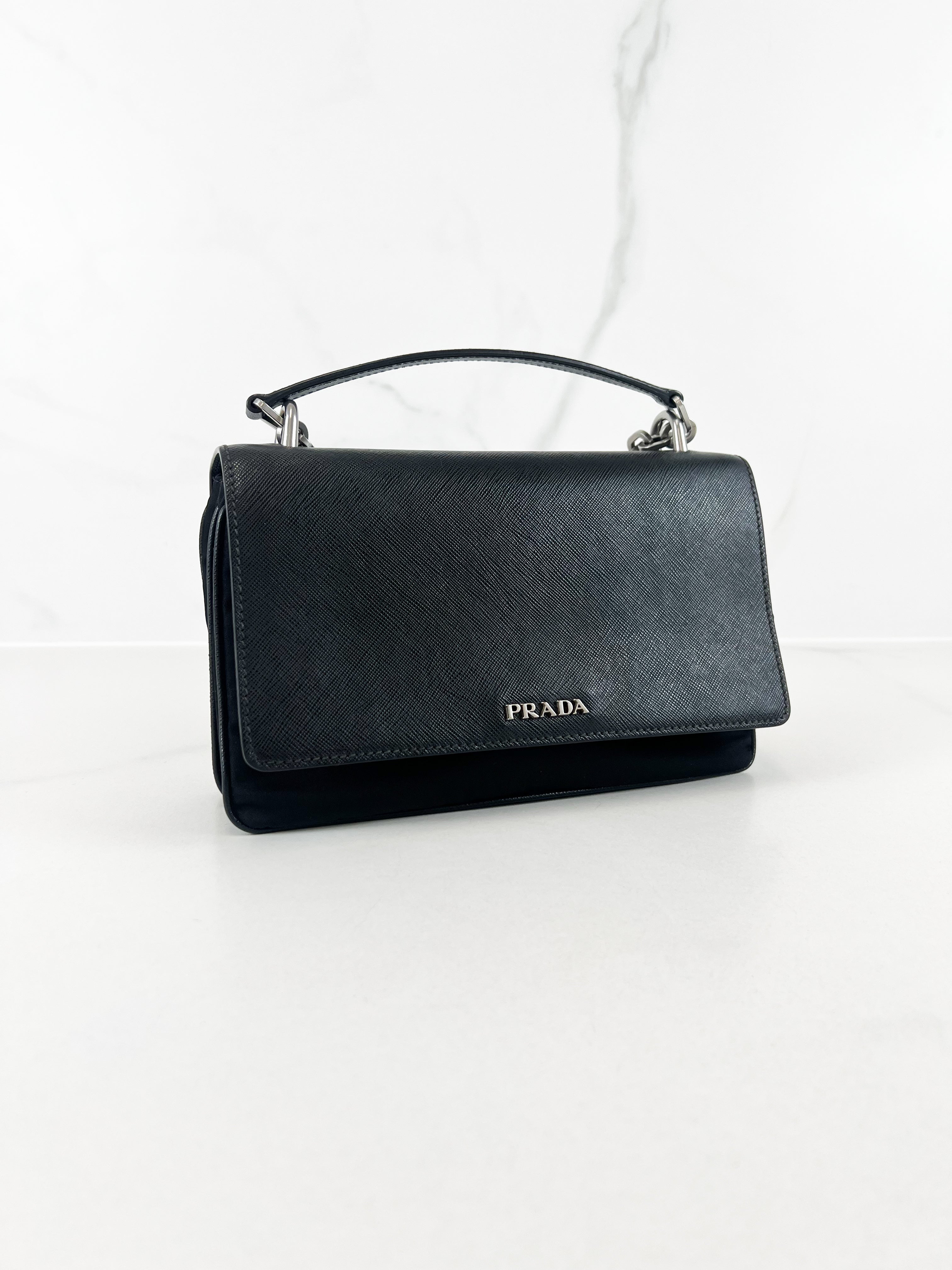 Prada Black Saffiano Leather/ Nylon Medium Chain Shoulder Bag