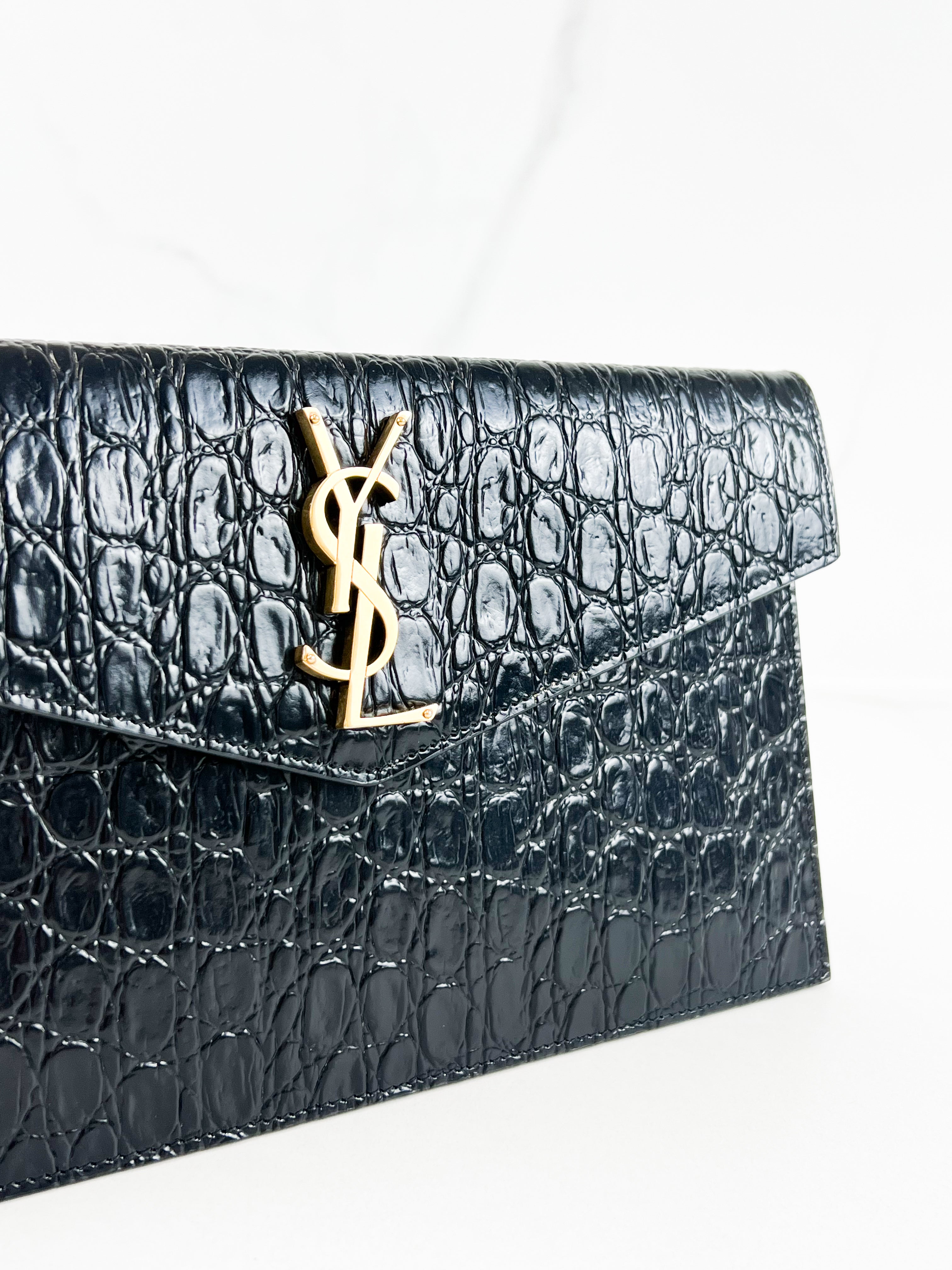 Saint Laurent Black Croc Uptown Envelope Clutch