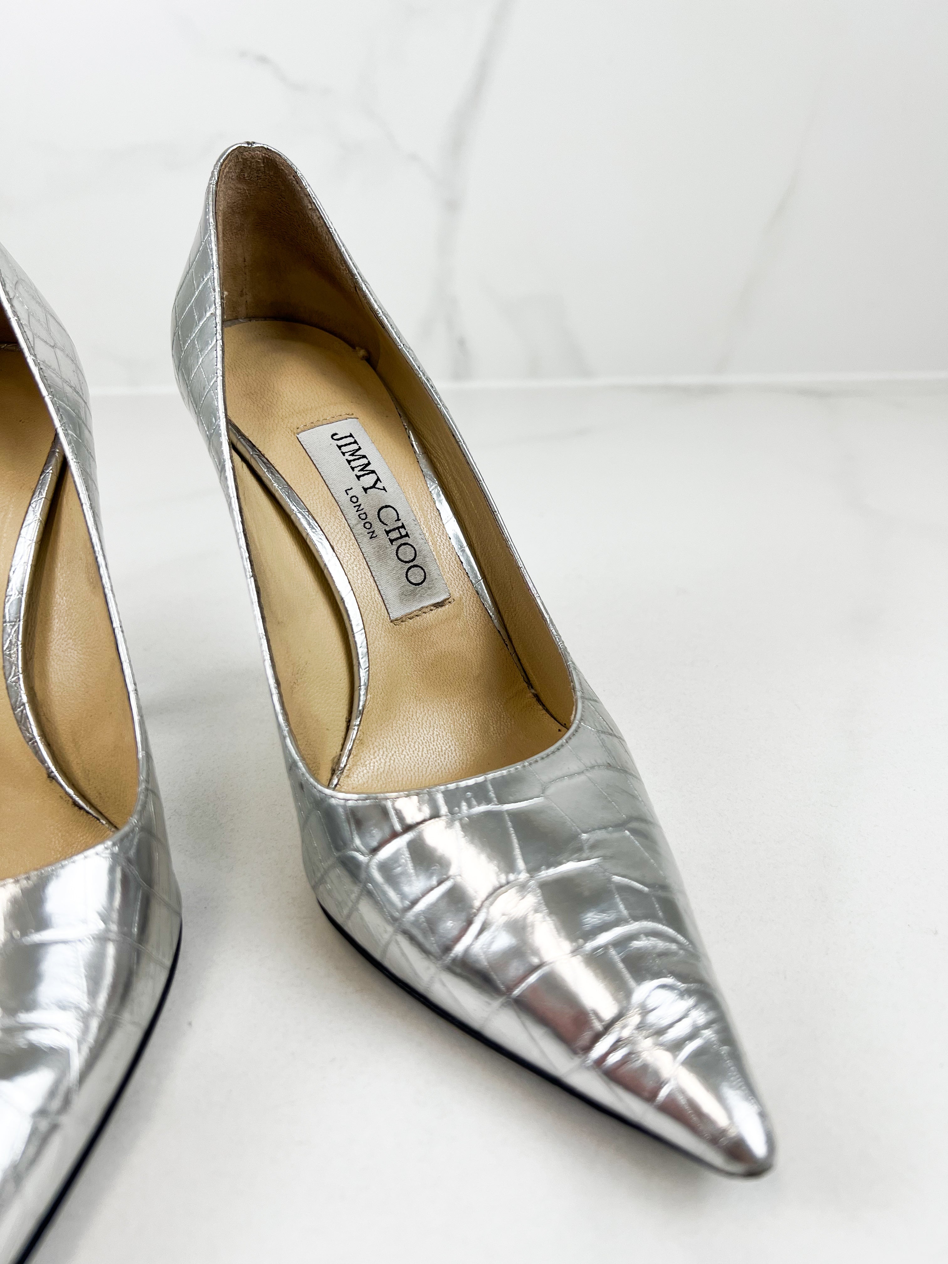 Jimmy Choo Metallic Croc Embossed Leather Pump Size 36.5