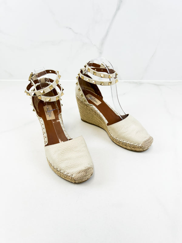 Valentino Garavani Rockstud Leather Wedge Espadrilles Size 38