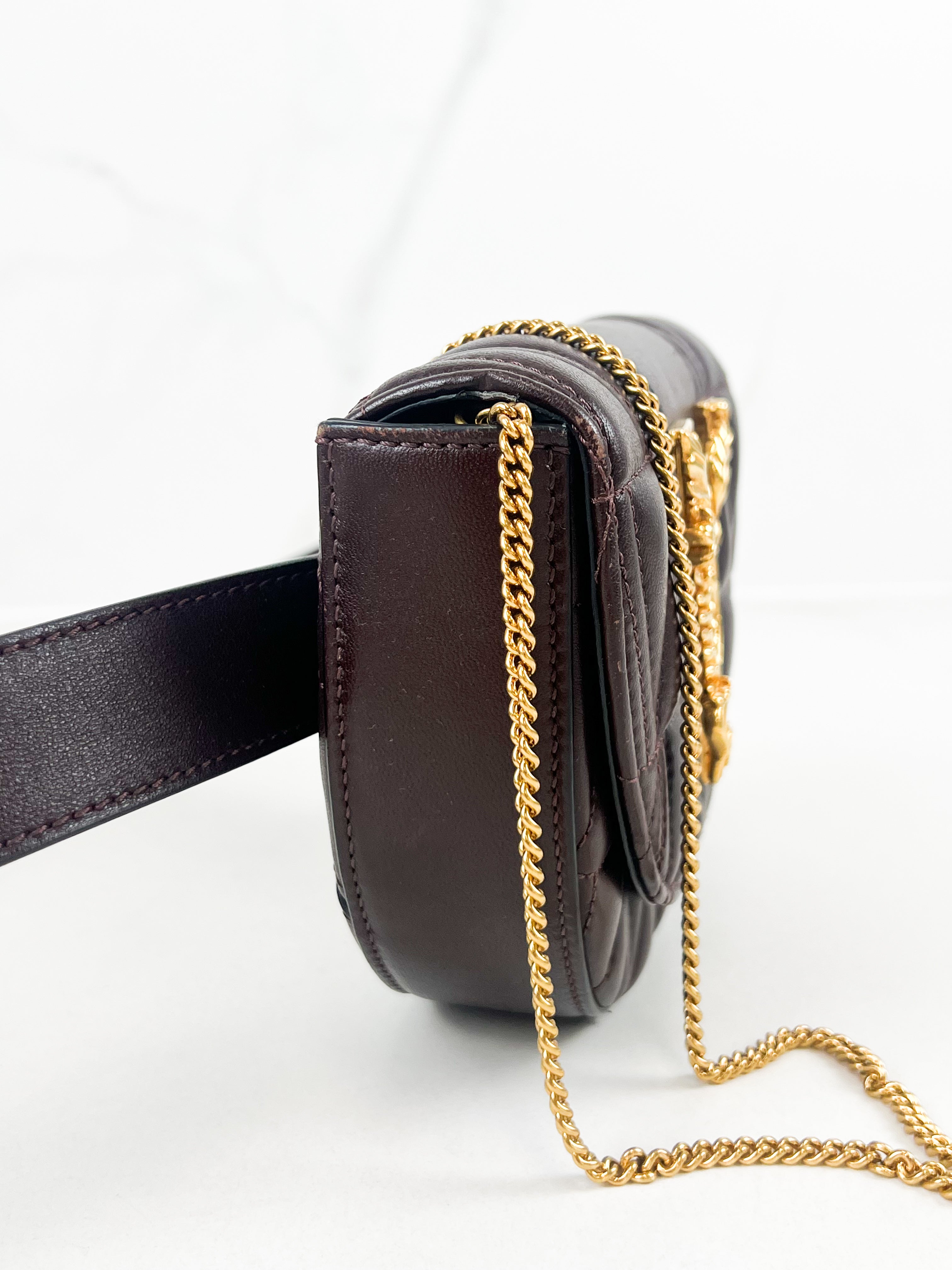 Versace V Logo Chocolate Leather Belt/Chain Bag