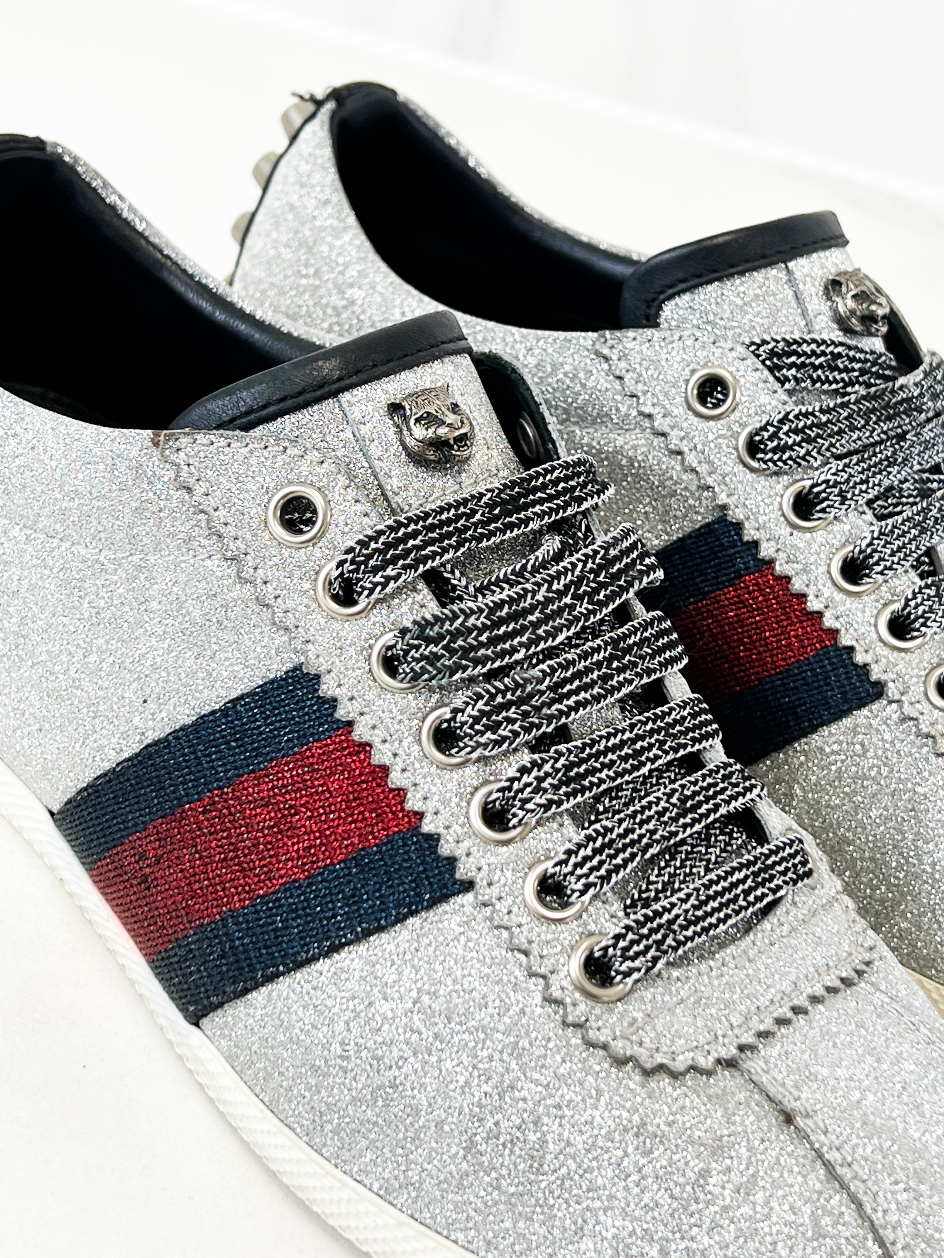 Gucci Bambi Silver Glitter GG Web Sneaker Size 37.5