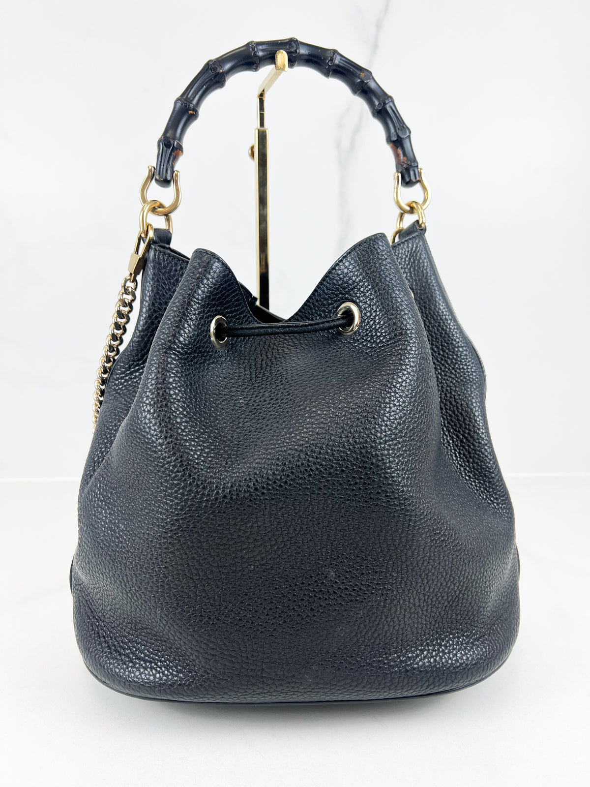 Gucci Miss Bamboo Bucket Bag in Black Grained Leather