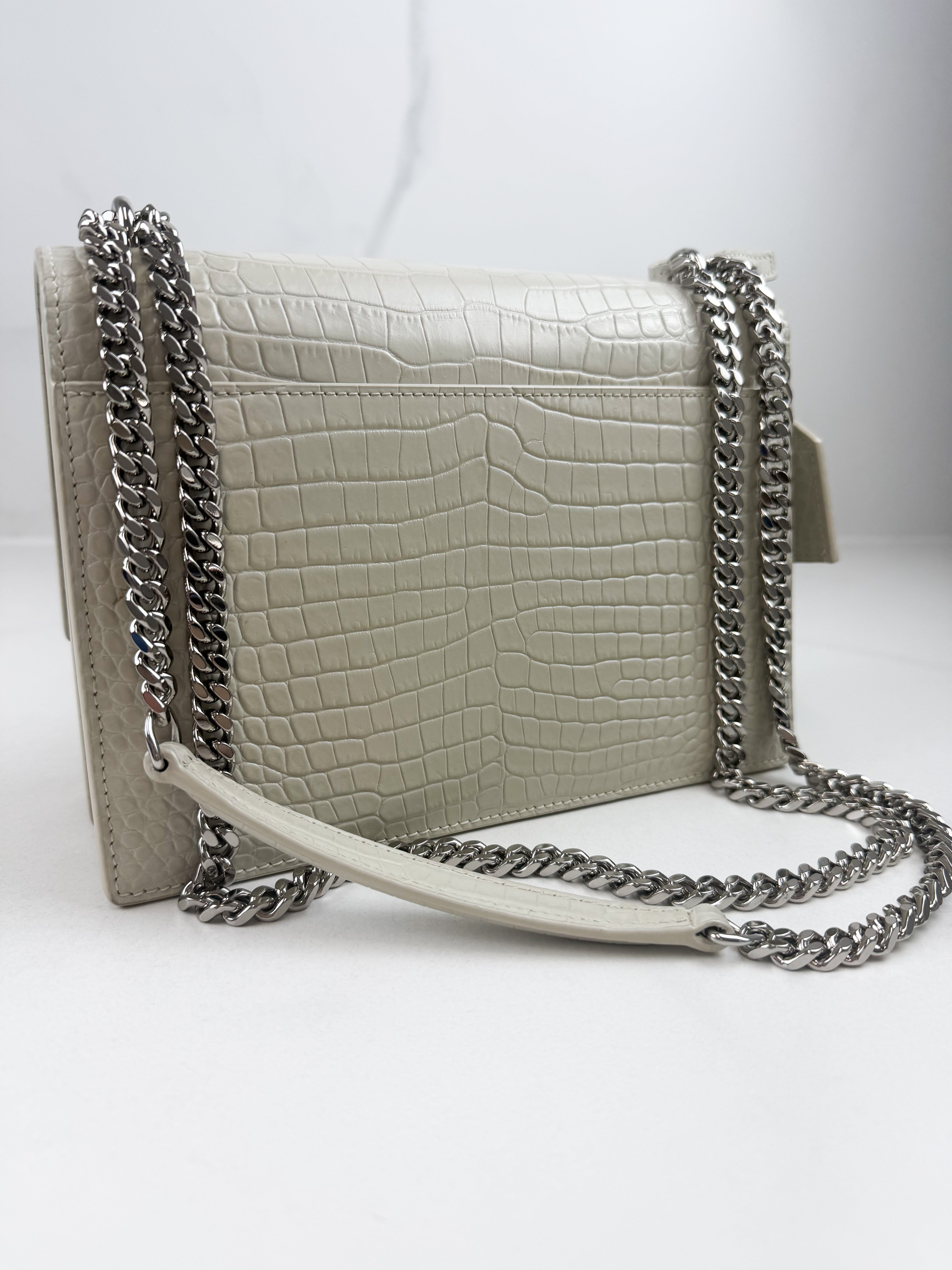 Saint Laurent Sunset Medium In Croc-embossed leather Blanc Vintage