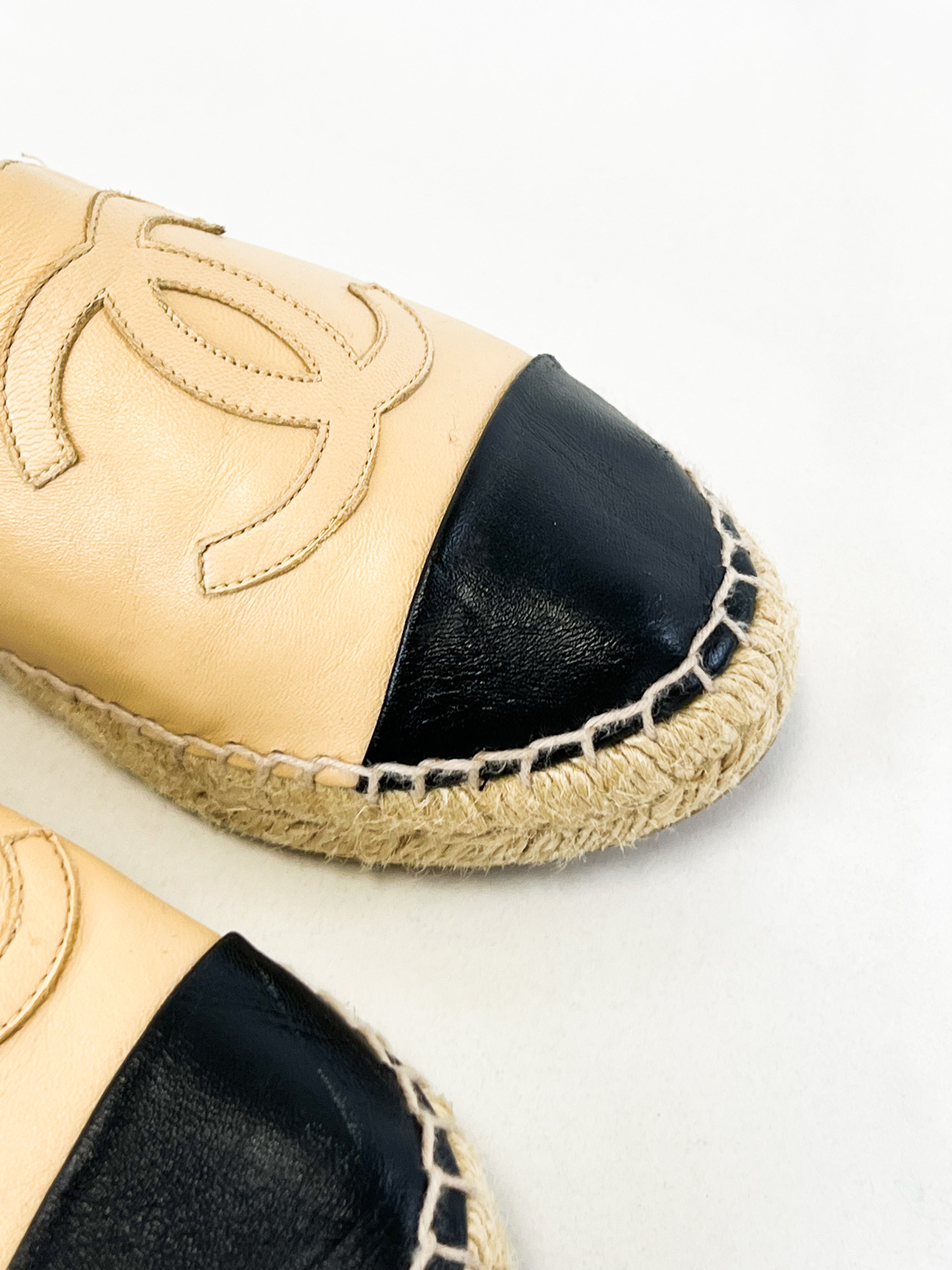 Chanel CC Logo Black & Beige Leather Espadrilles Size 38