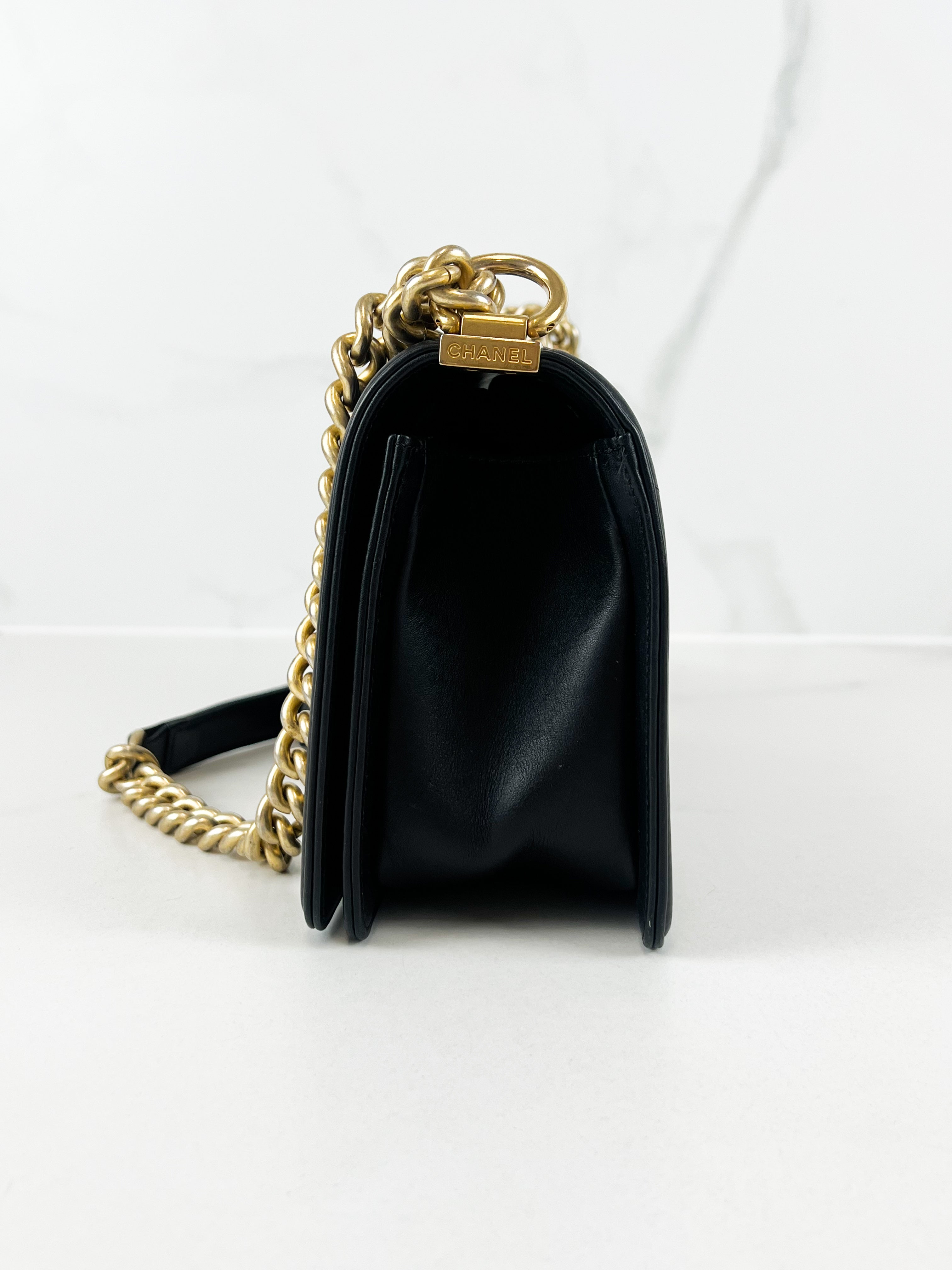 Chanel Old Medium Boy Bag in Black Chevron Calfskin with Vintage GHW