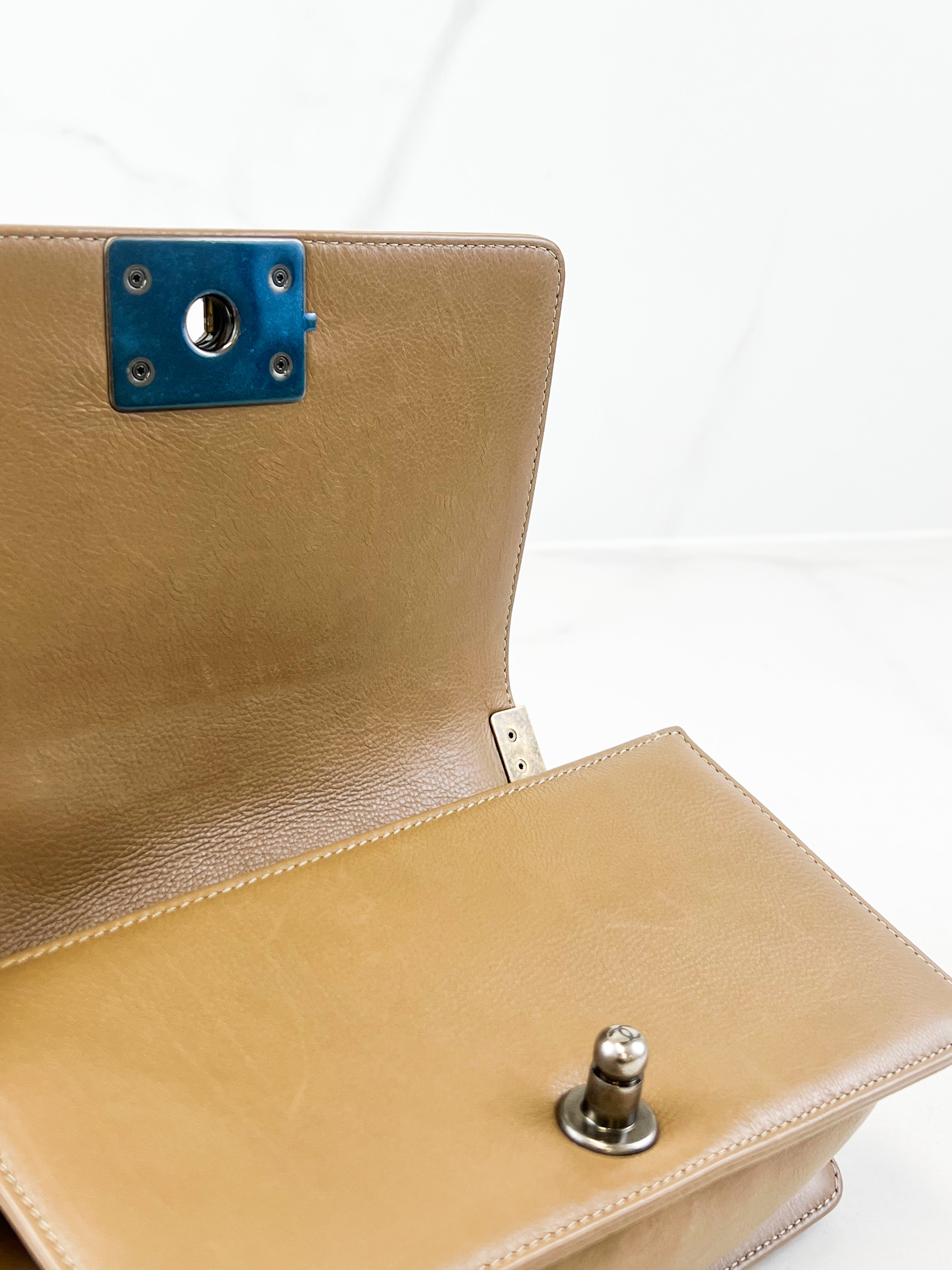 Chanel Small Beige Boy Bag Calfskin Ruthenium & Gold HW