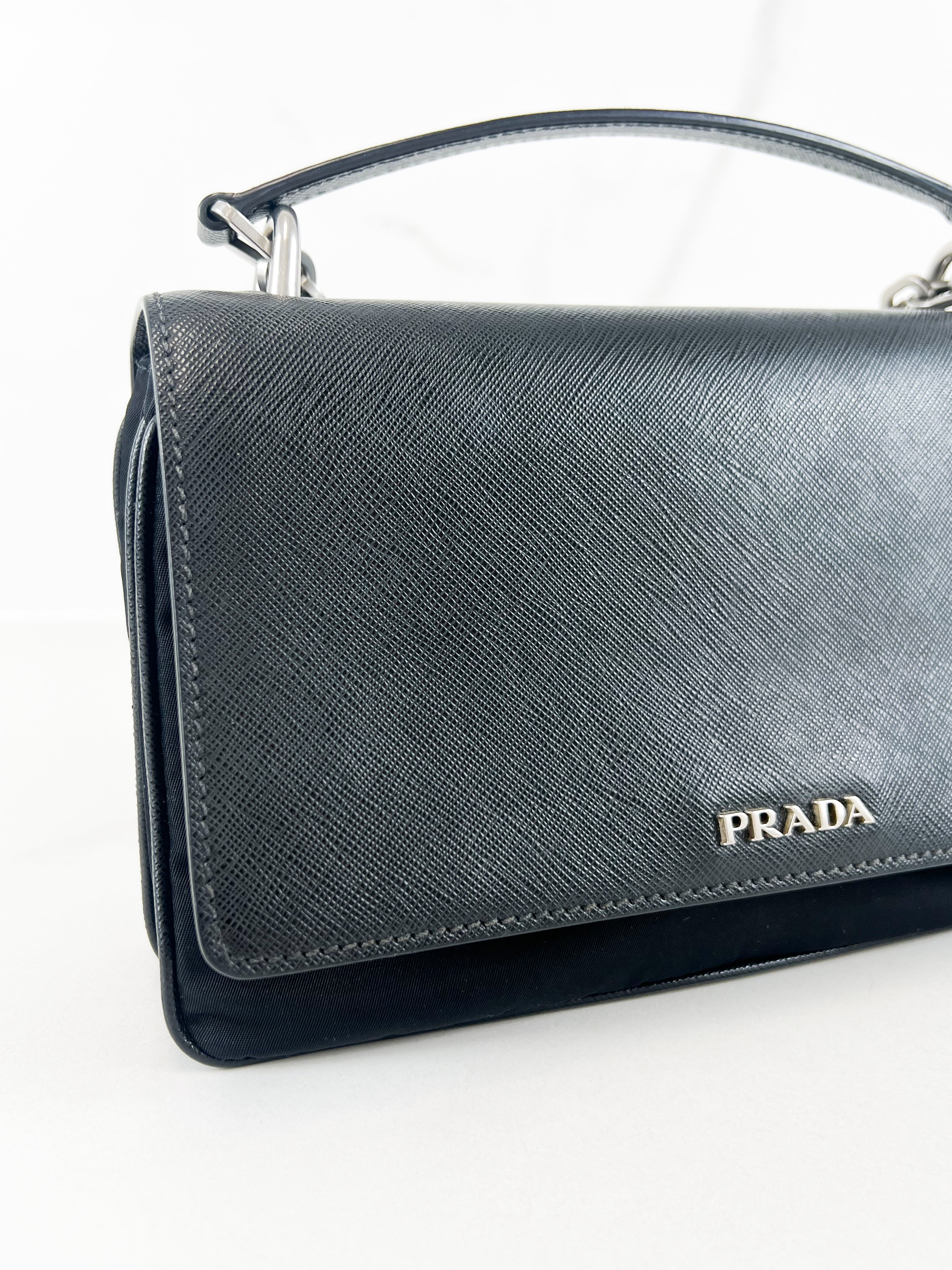 Prada Black Saffiano Leather/ Nylon Medium Chain Shoulder Bag