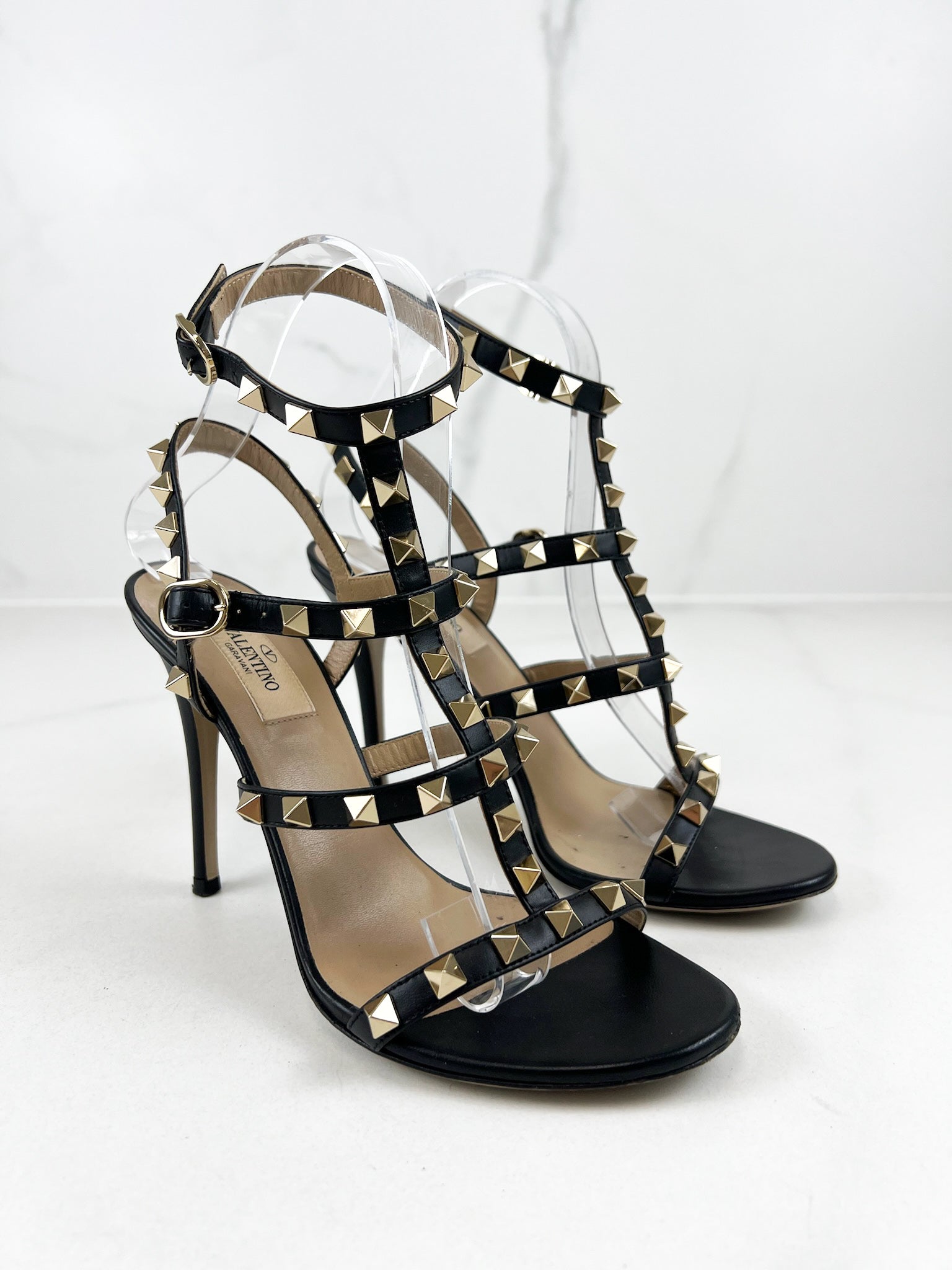 Valentino Garavani Caged Black Rockstud Ankle Strap Sandal Size 36.5