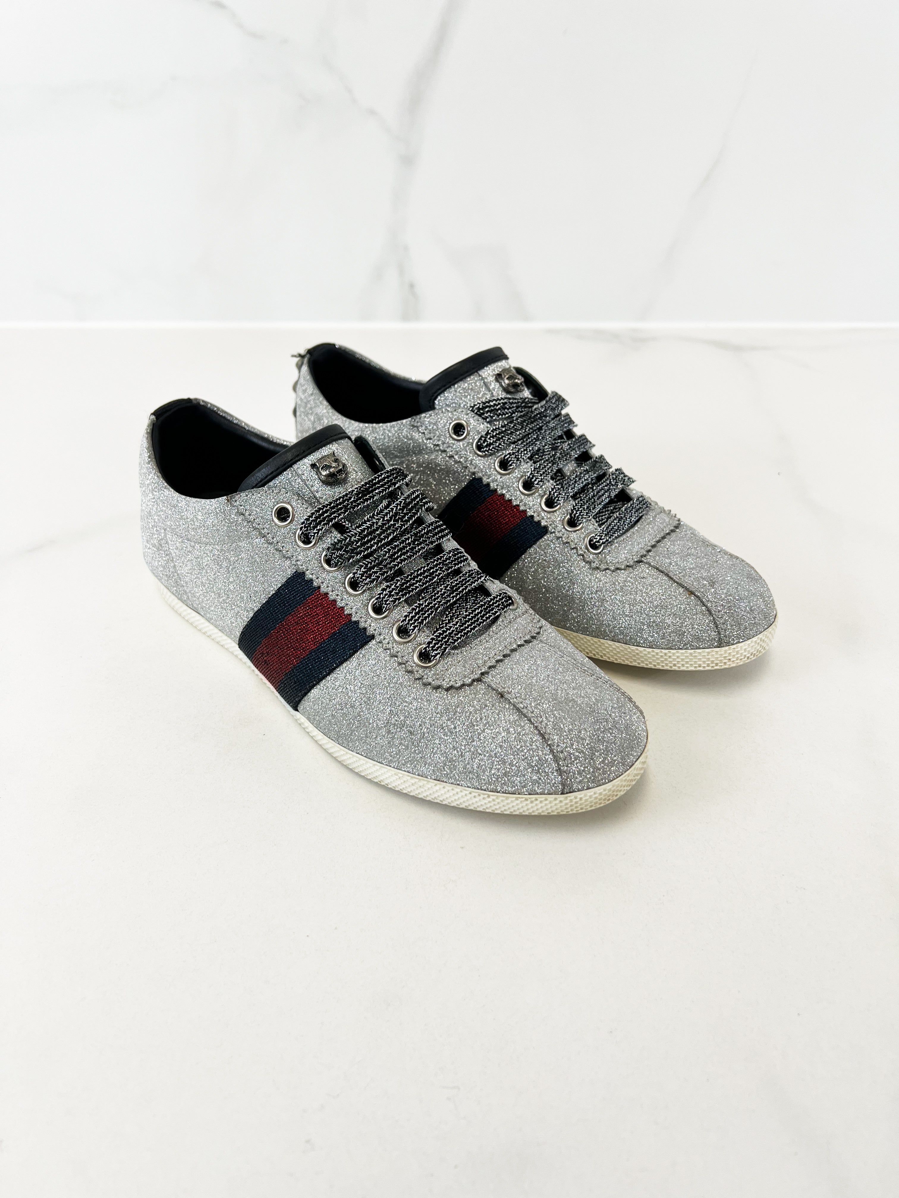 Gucci Bambi Silver Glitter GG Web Sneaker Size 37.5
