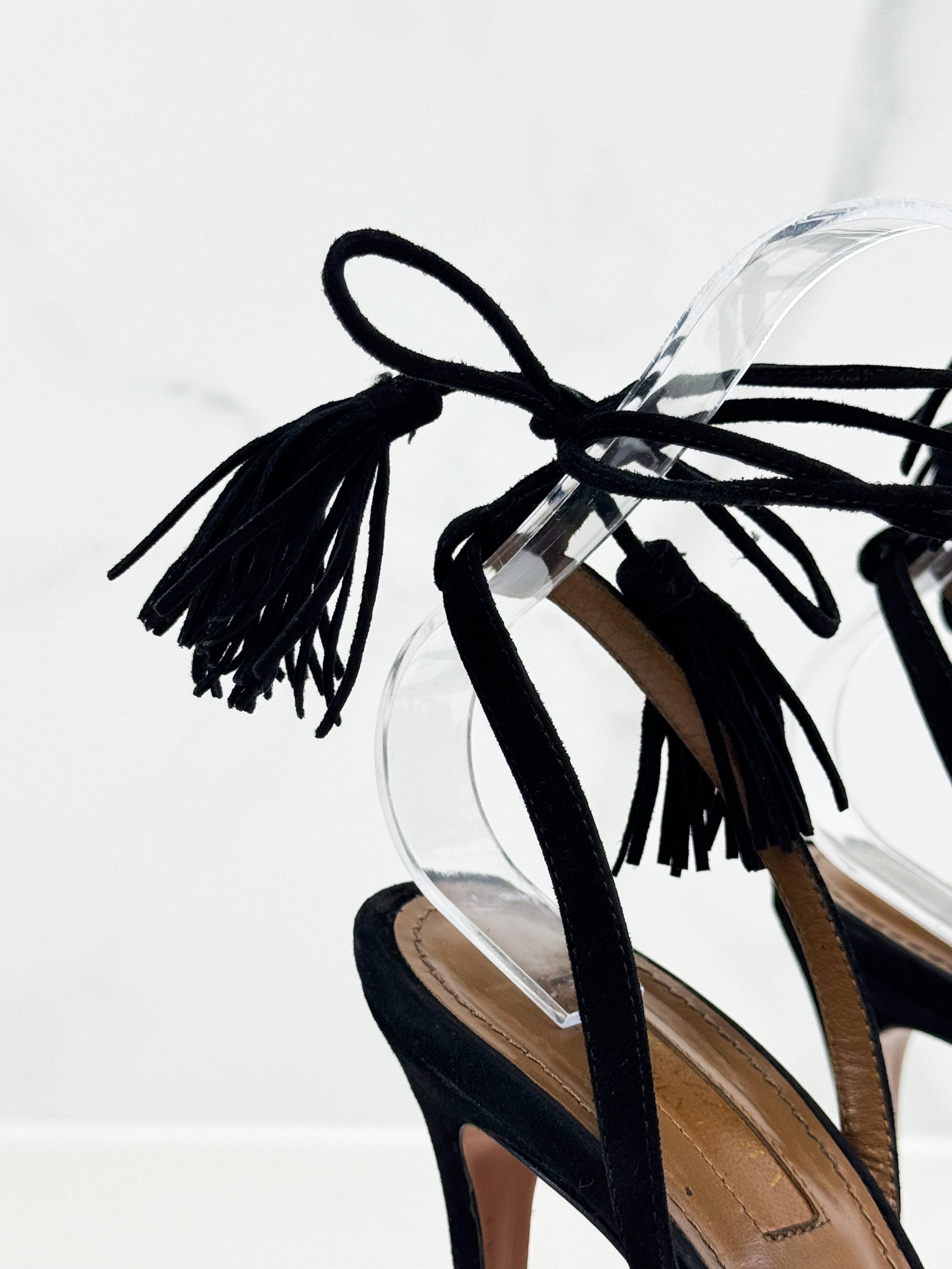 Aquazzura Black Suede Wild Thing Ankle Wrap Sandals Size 38.5