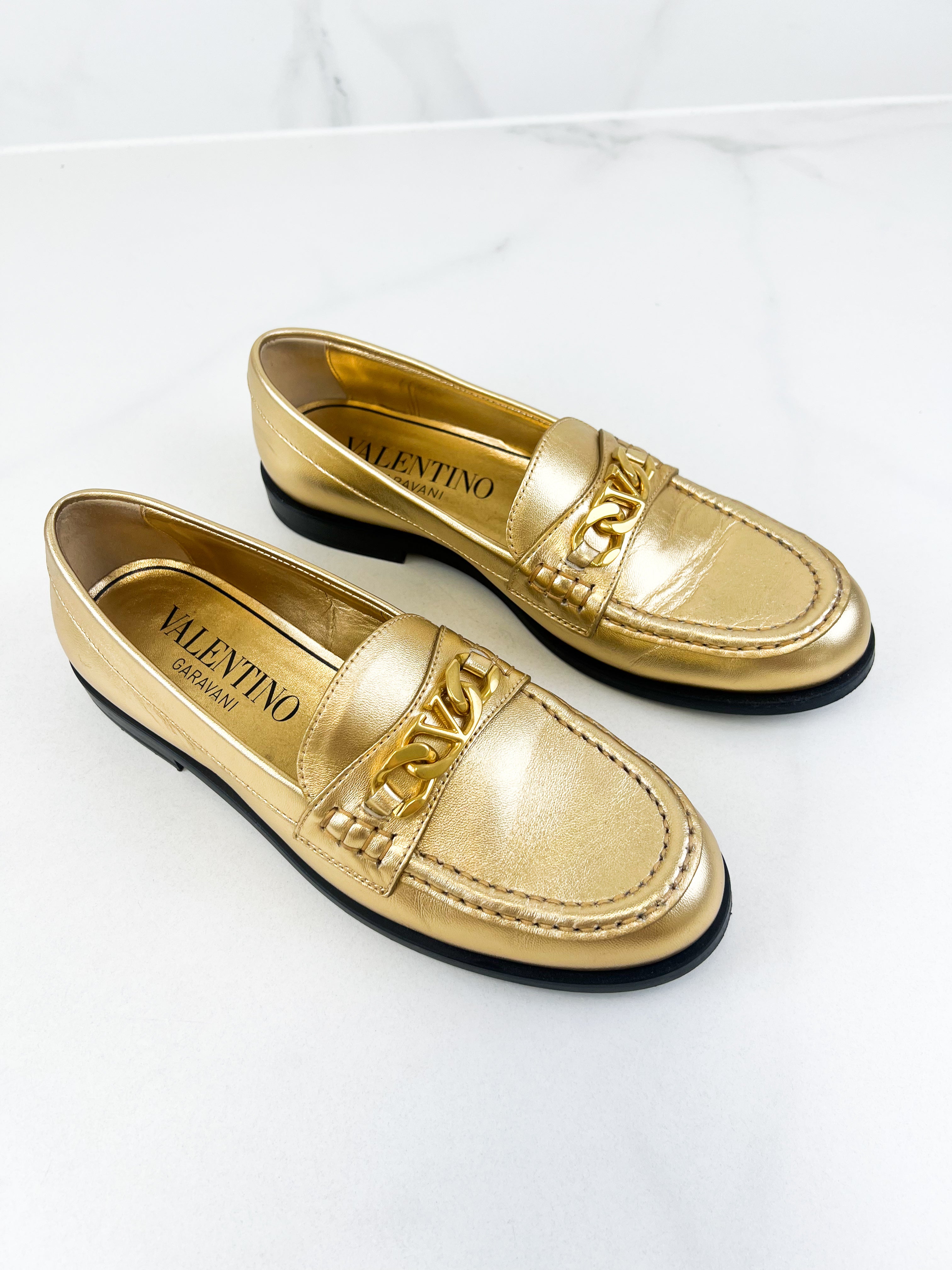 Valentino Logo Loafer in Metallic Gold with GHW Size 38
