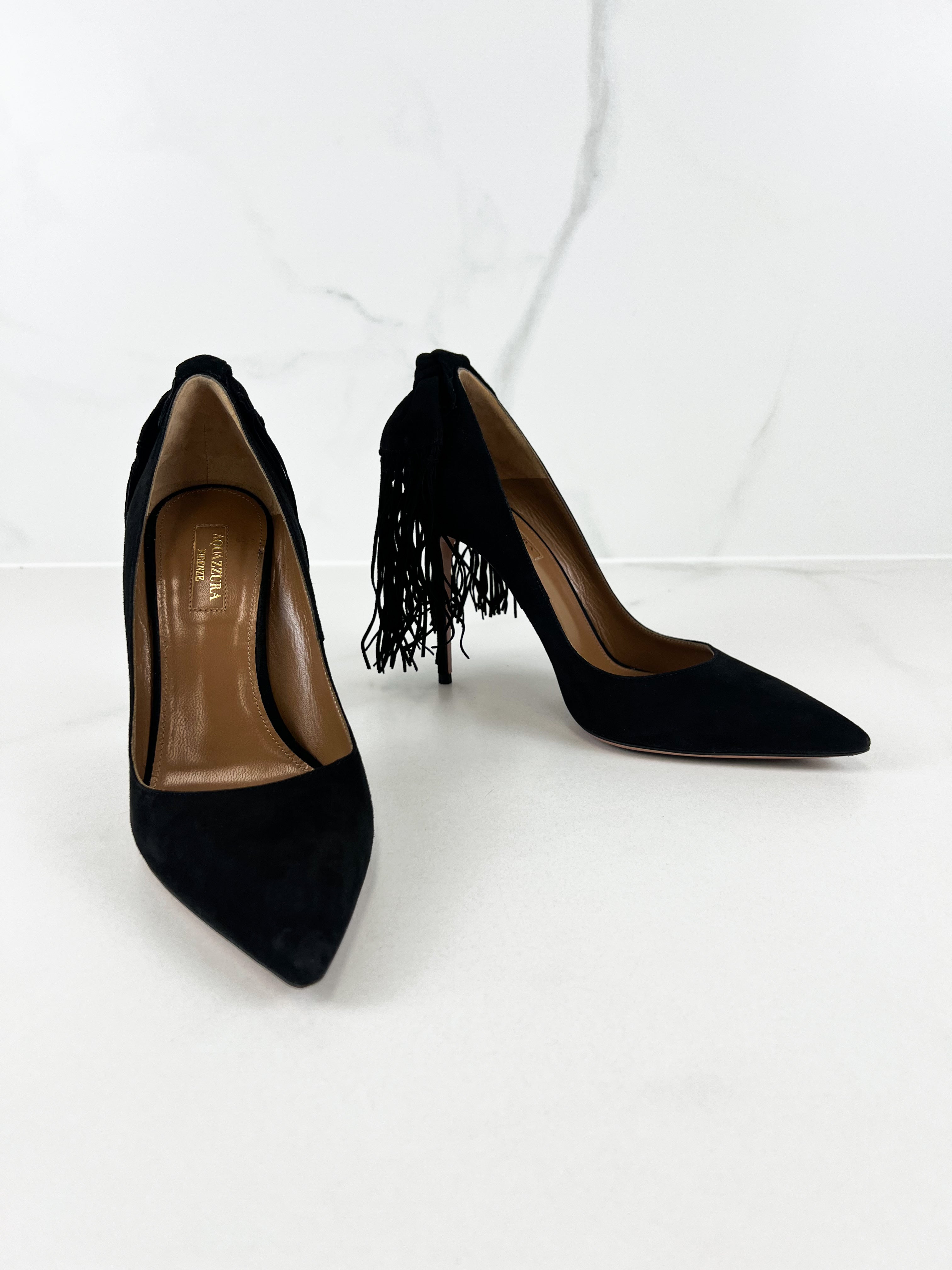 Aquazzura Black Suede Fringe Tie Pumps 105 Size 39