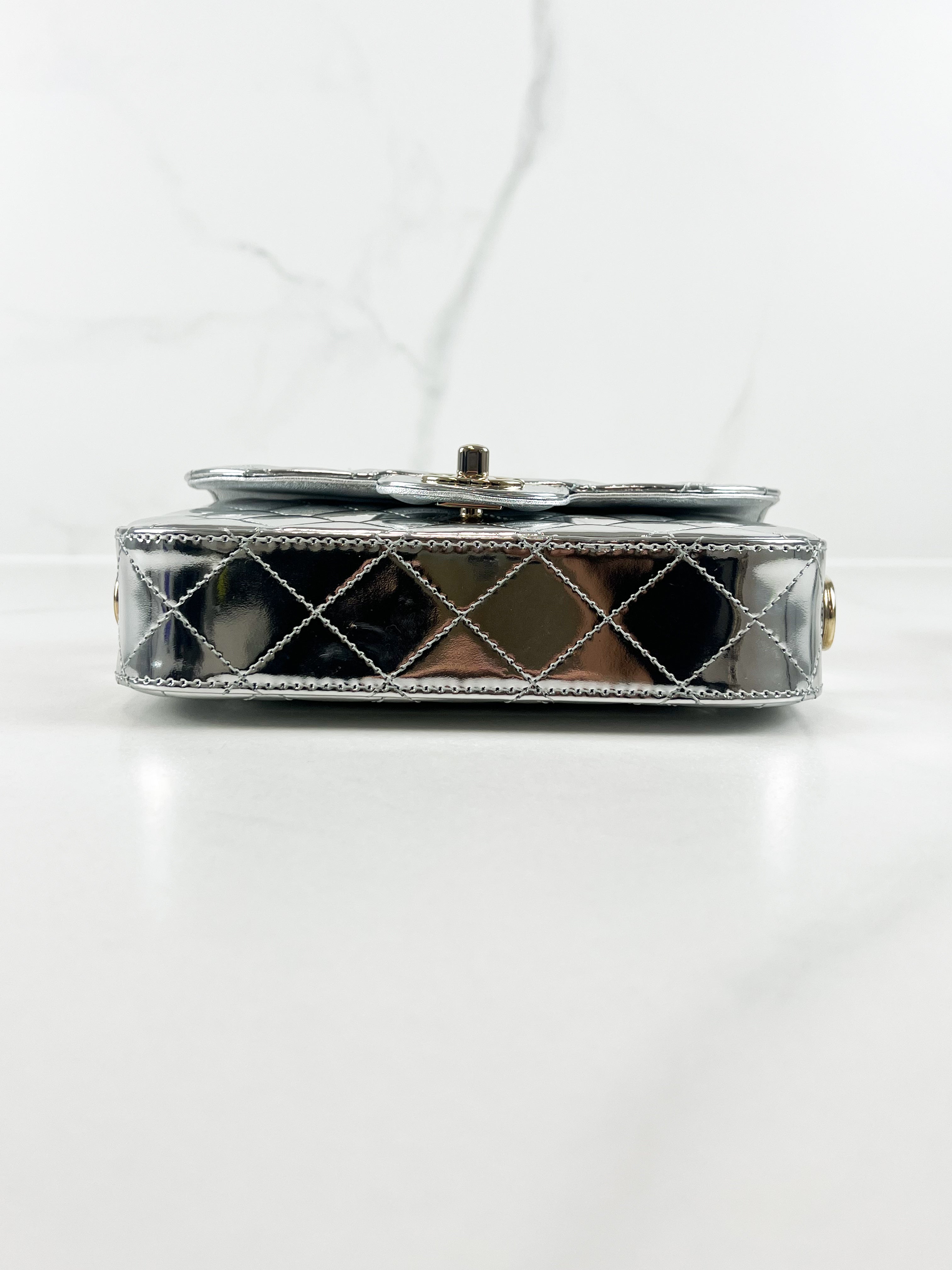 Chanel Patent Mini Square in Silver with SHW