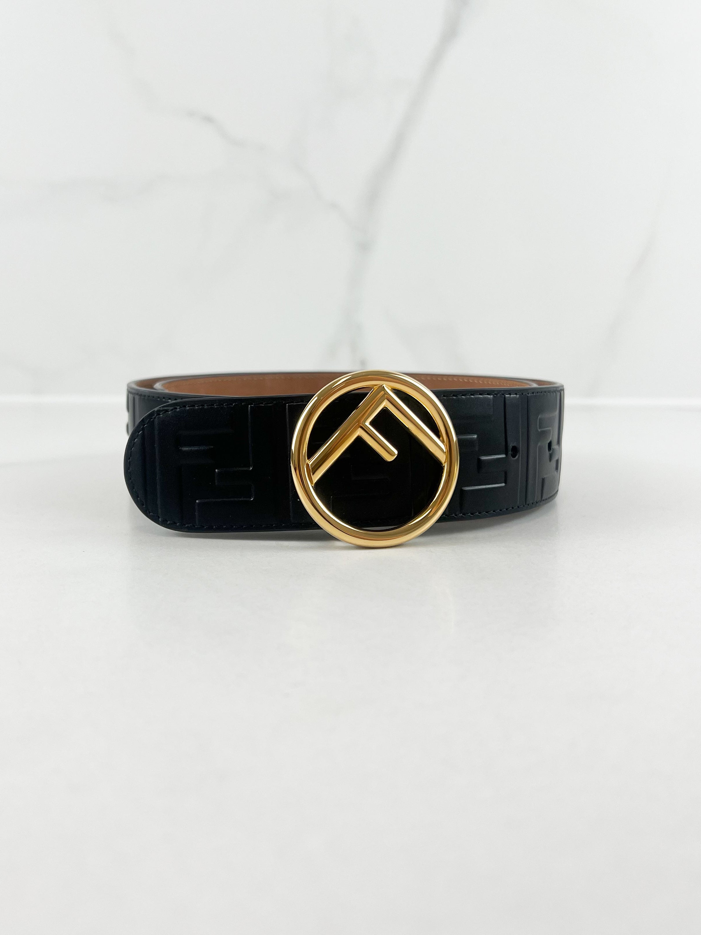 Fendi Black FF Calfskin Leather Belt Size 80
