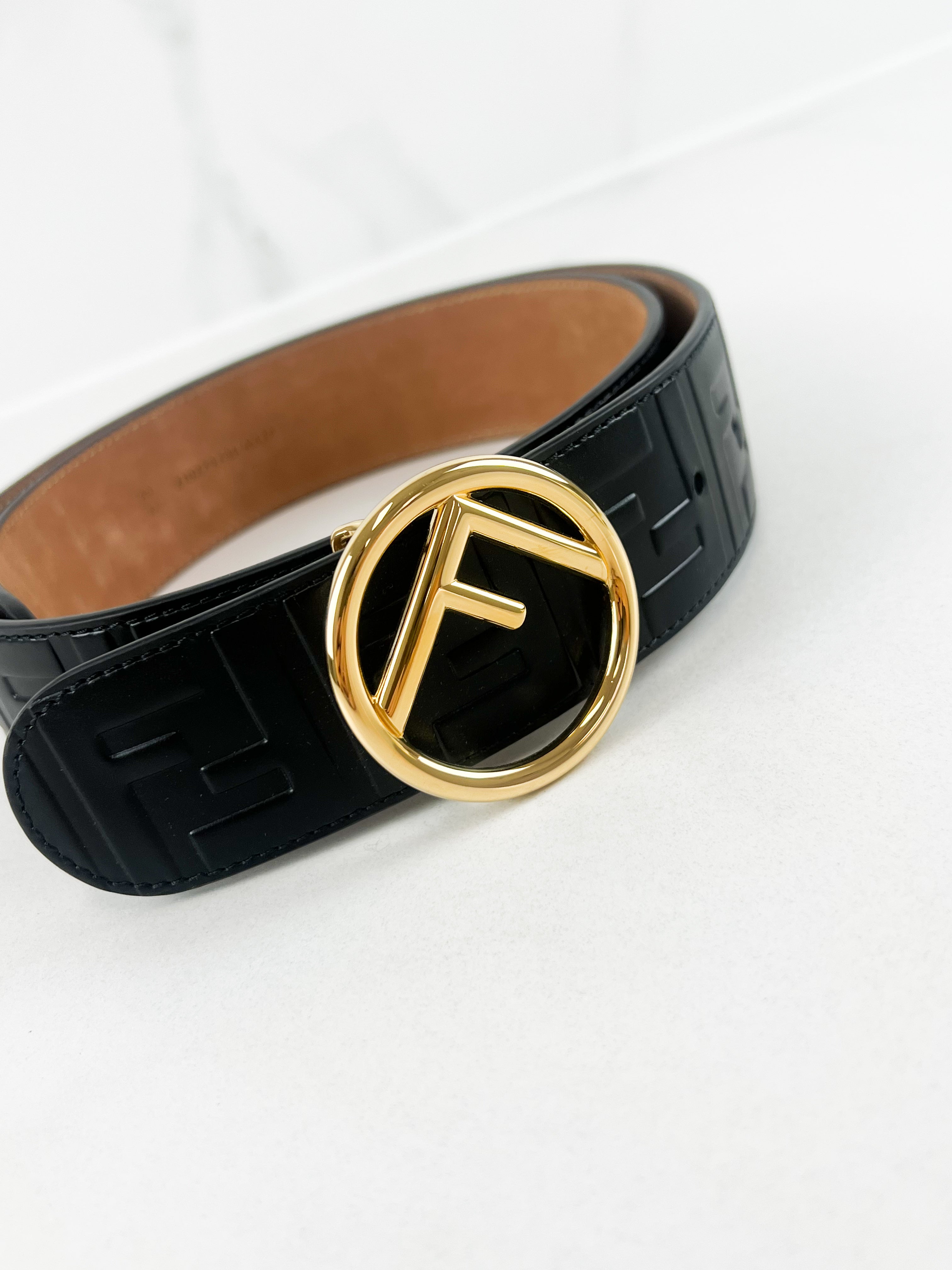 Fendi Black FF Calfskin Leather Belt Size 80