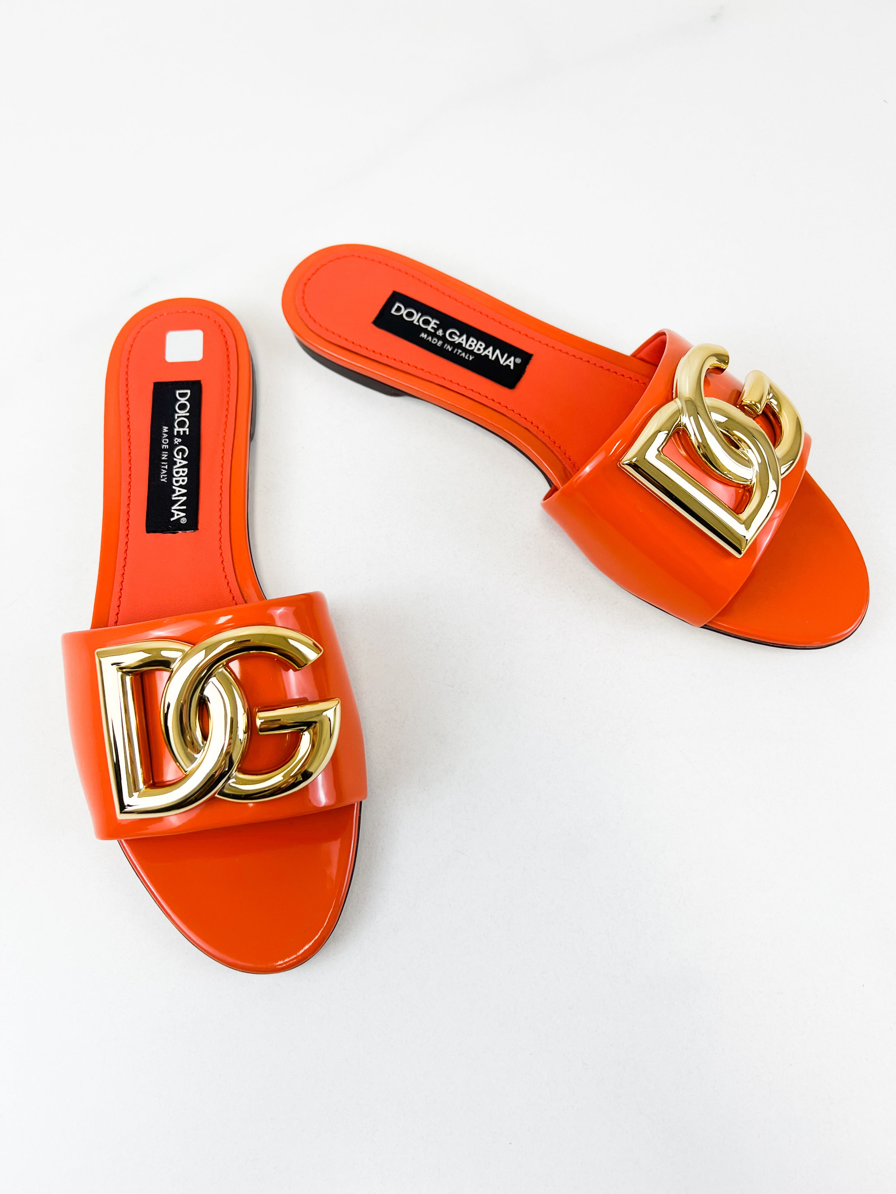 Dolce & Gabbana Orange Patent Leather Logo Slides Size 41