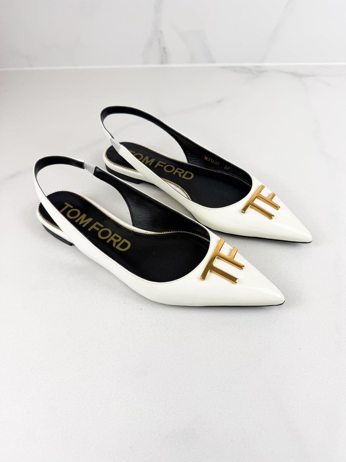 Tom Ford Patent White Slingback Flats with GHW Size 37