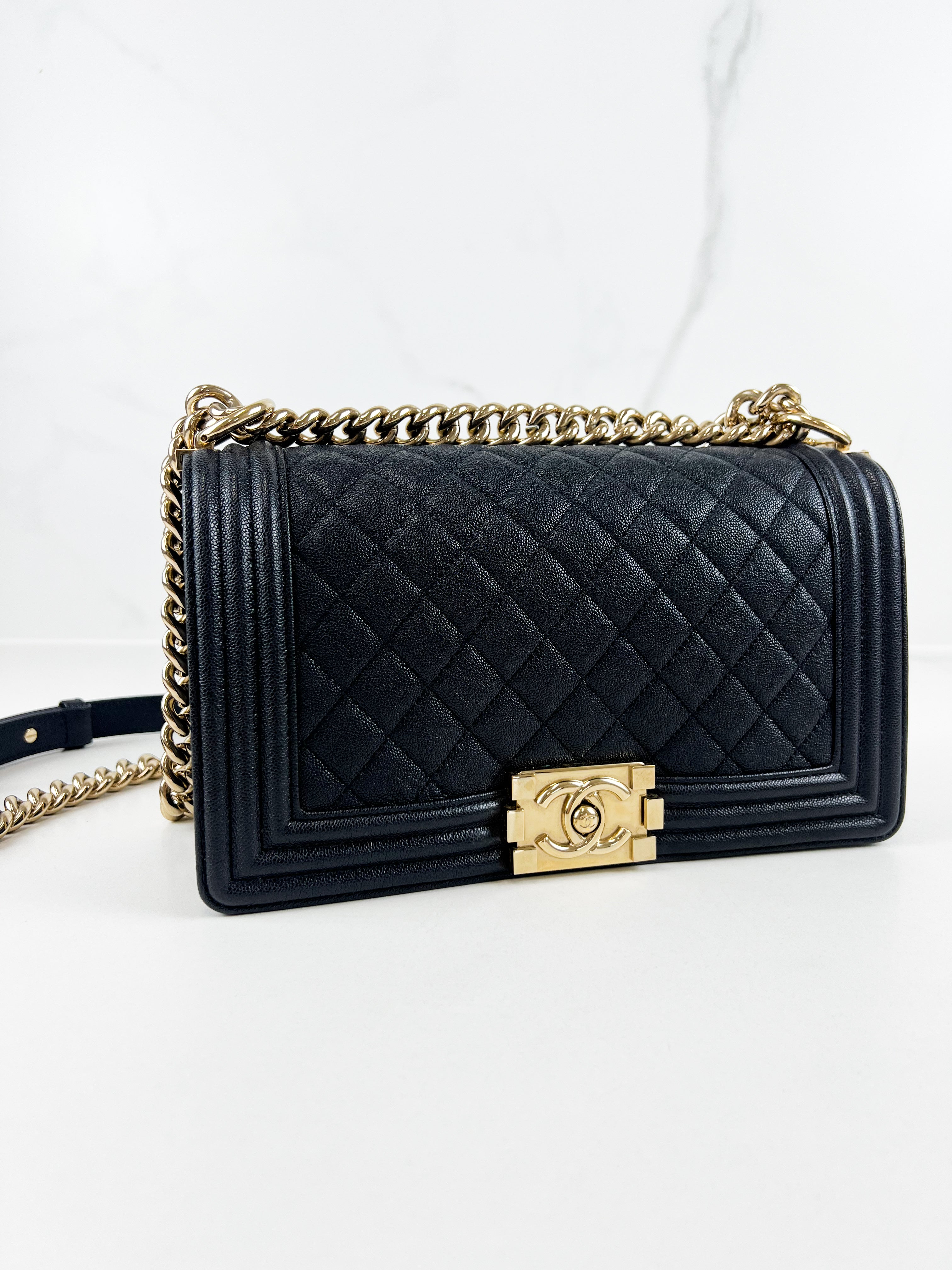 Chanel Navy Old Medium Caviar Boy Bag LGHW
