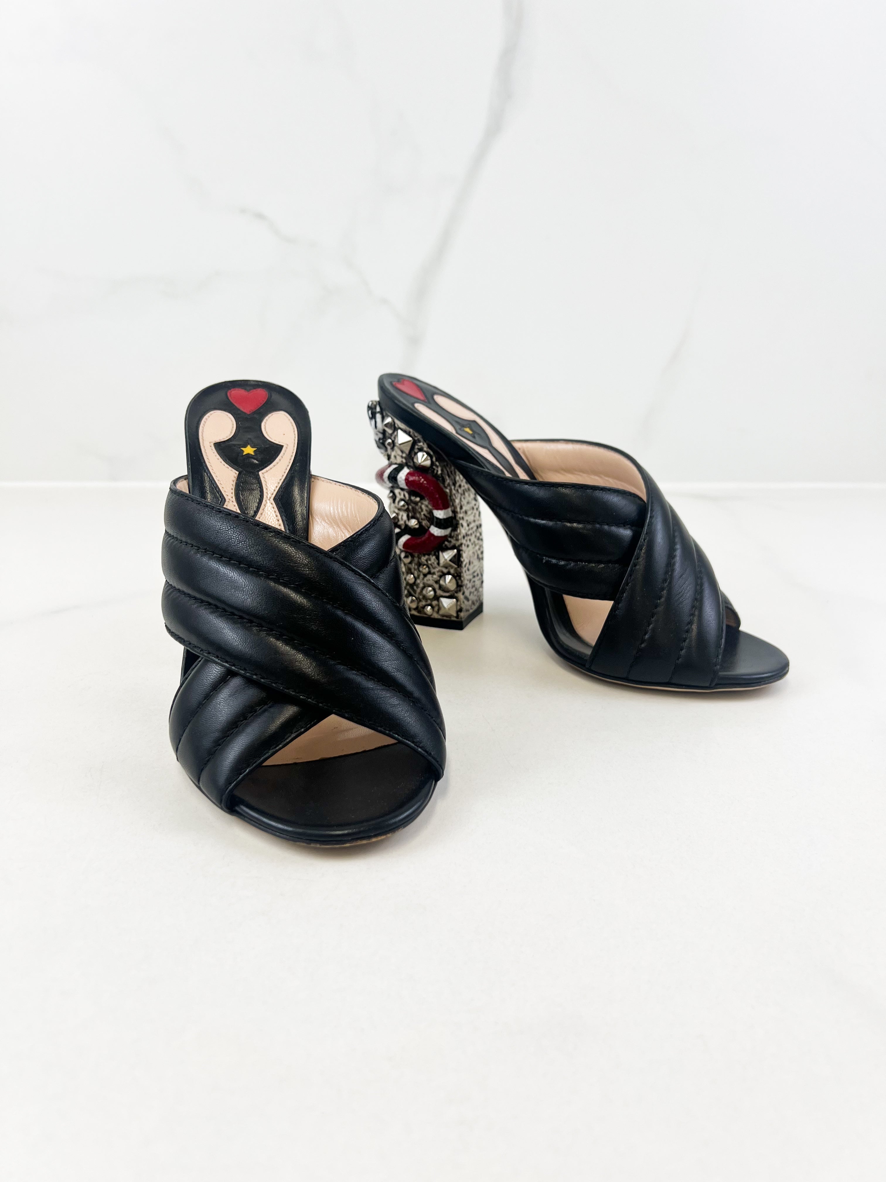 Gucci Webby Quilted Leather Snake Heel Mules Size 38