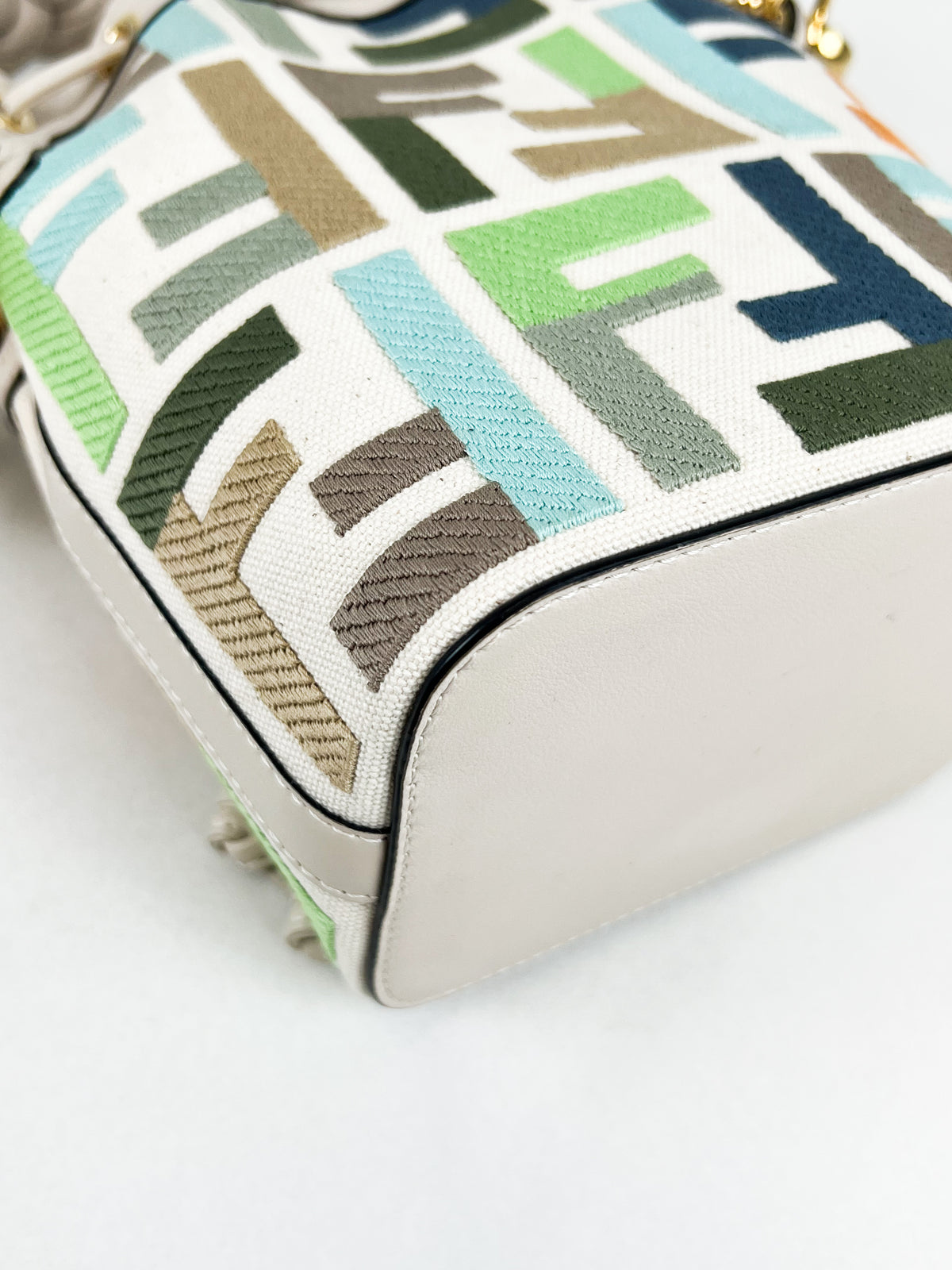 Fendi FF Multicolour Embroidred Mon Tresor Bucket Bag with Braided White Leather Handle