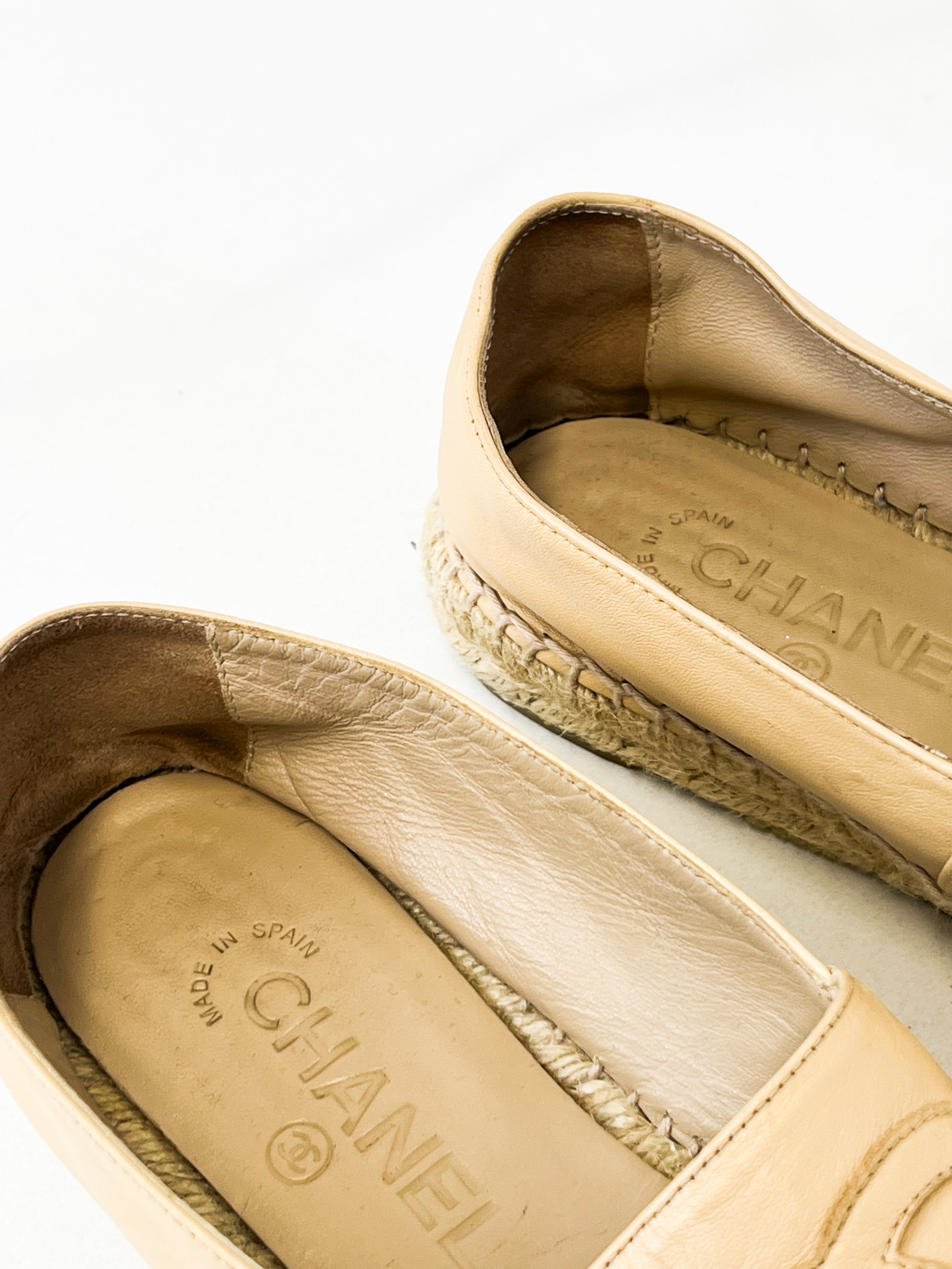 Chanel CC Logo Black & Beige Leather Espadrilles Size 38