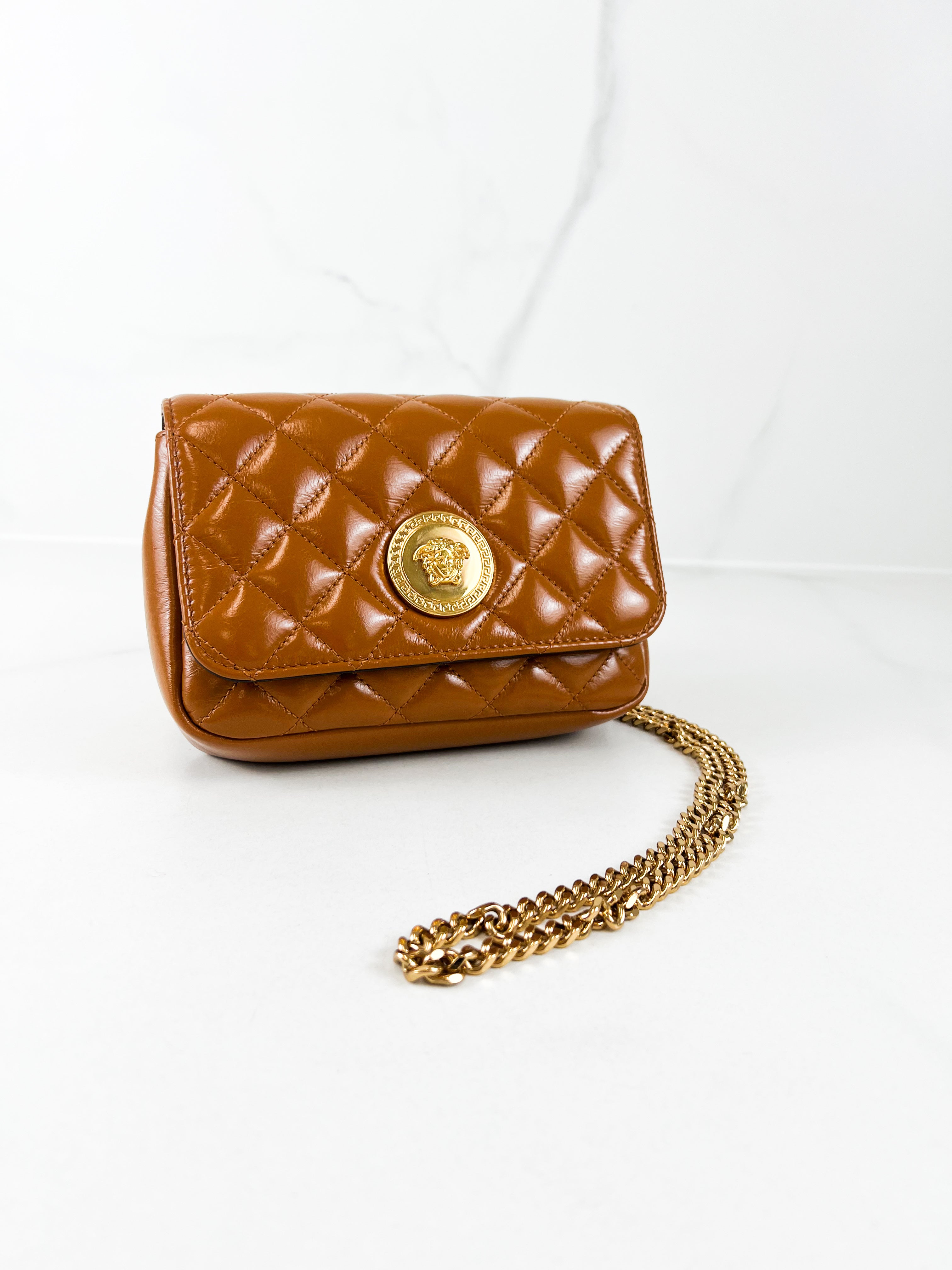 Versace Tan Brown Quilted Leather Shoulder Bag