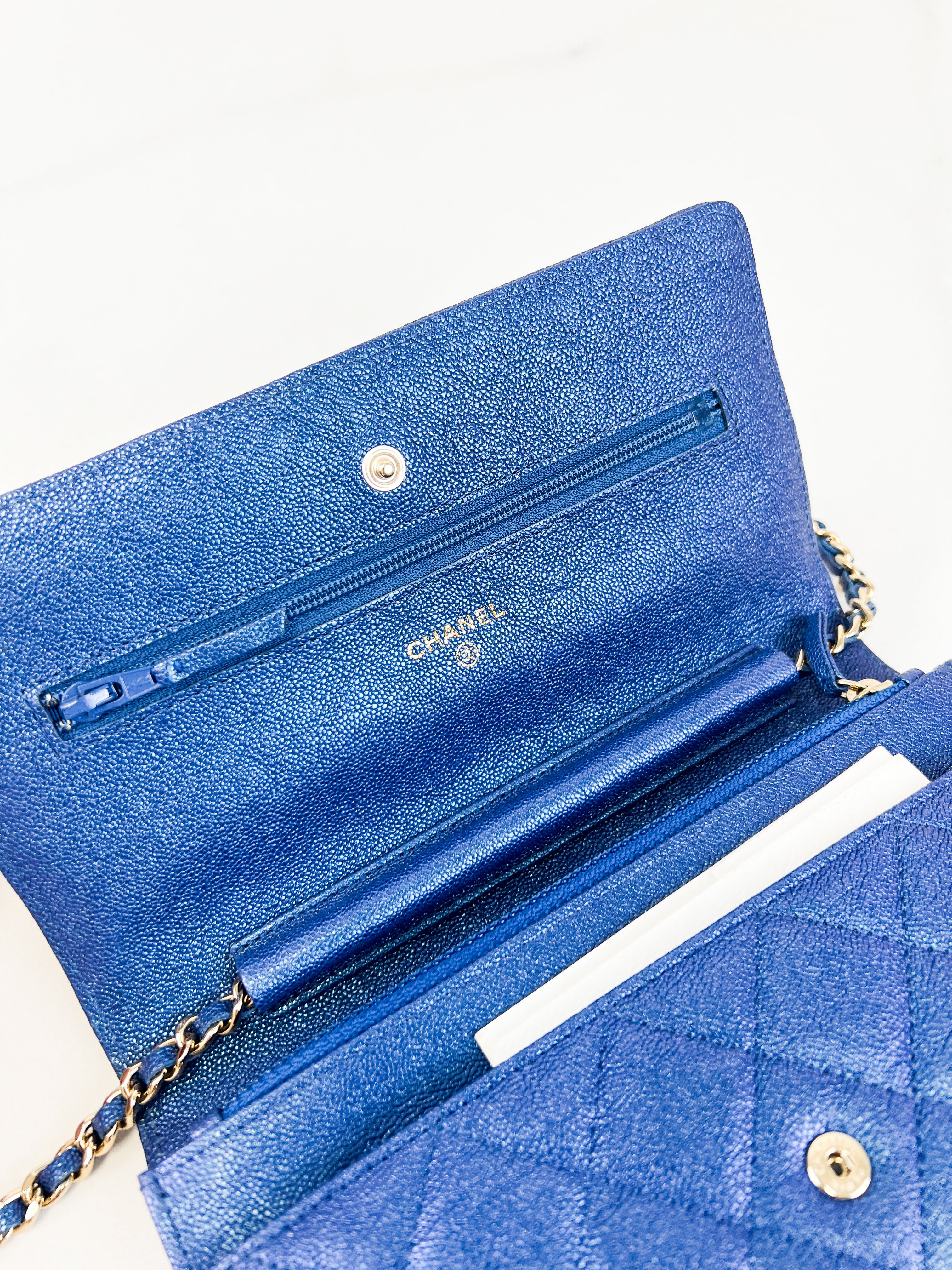 Chanel Metallic Blue Caviar Wallet on Chain with GHW
