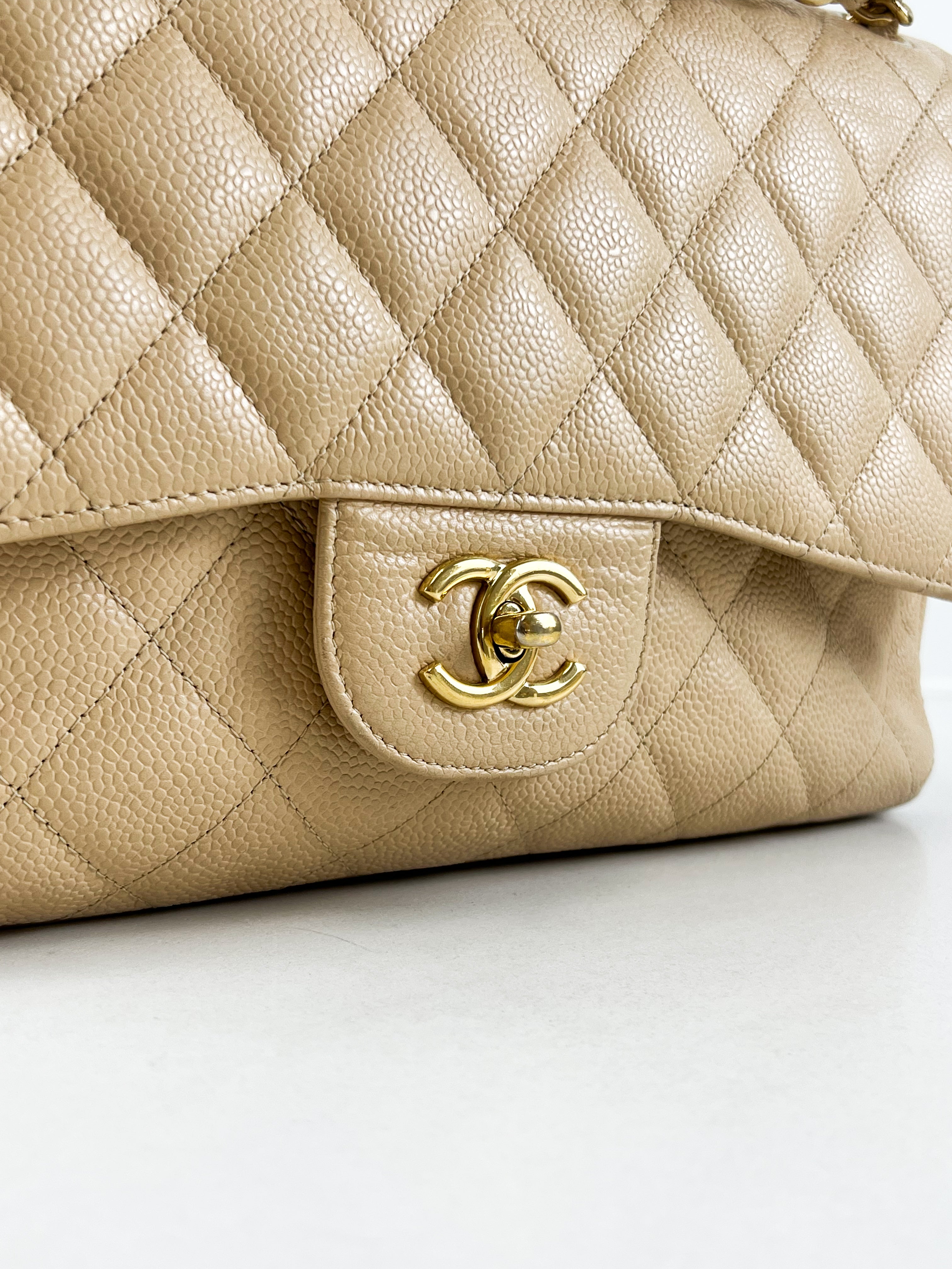 Chanel Jumbo Beige Classic Double Flap Caviar Shoulder Bag