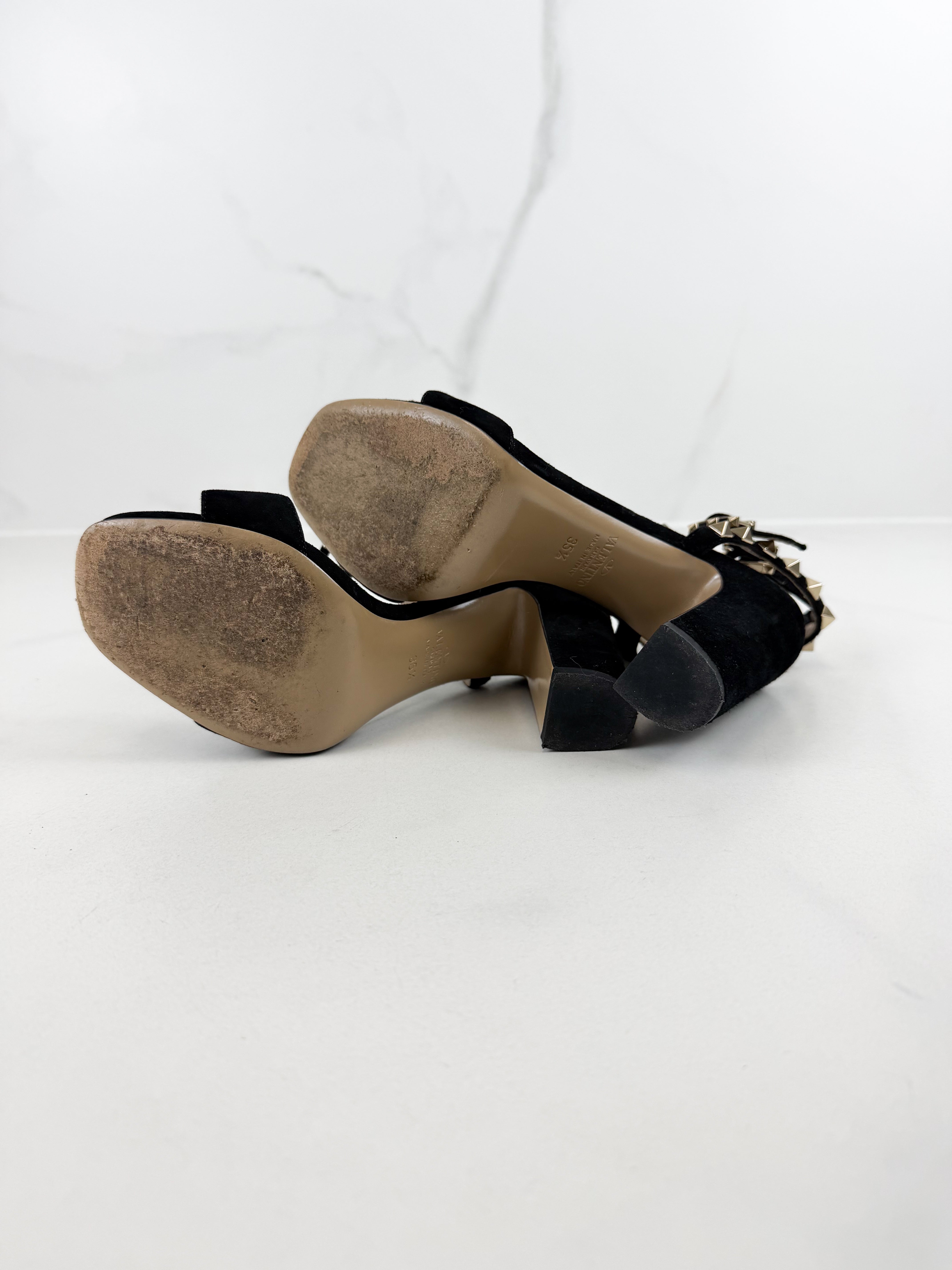 Valentino Black Velvet Rockstud Ankle Strap Heel Size 35.5